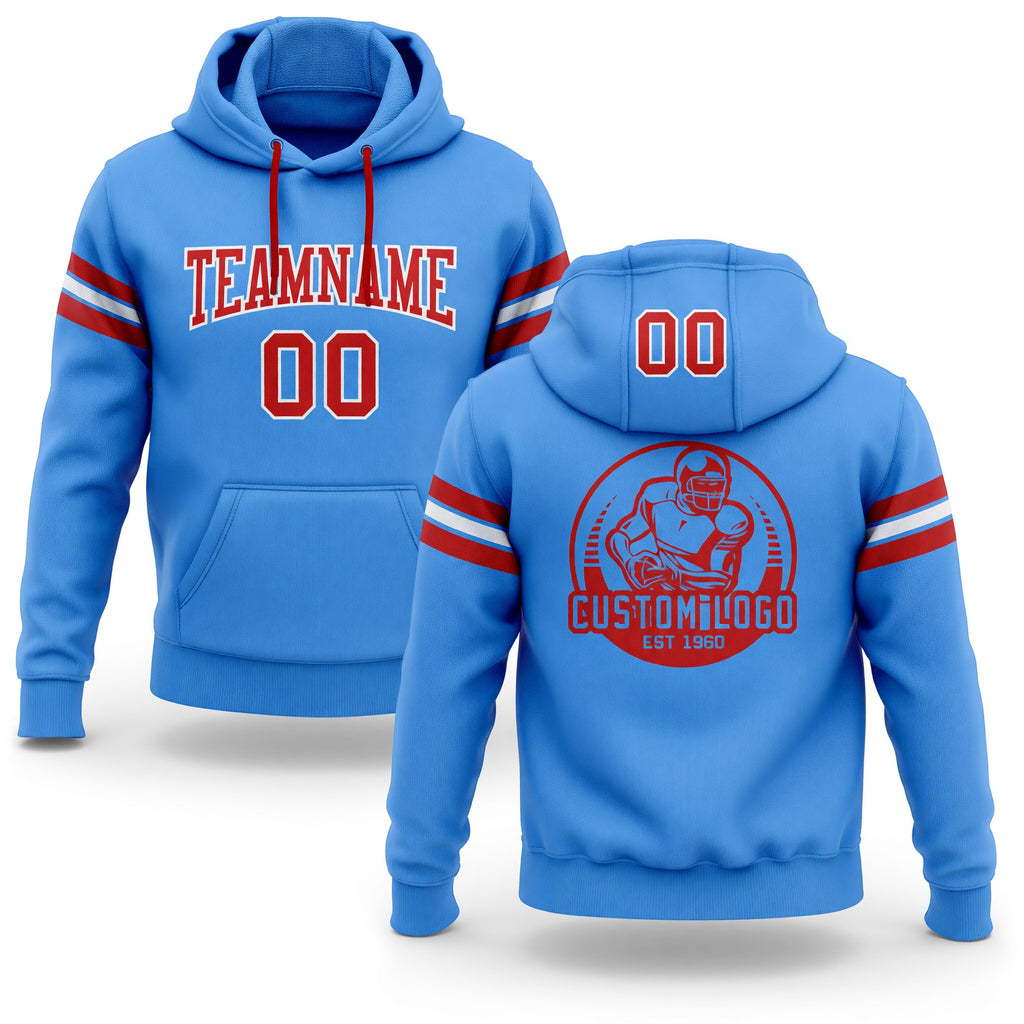 Custom Stitched Powder Blue Red-White Football Pullover Sweatshirt Hoodie