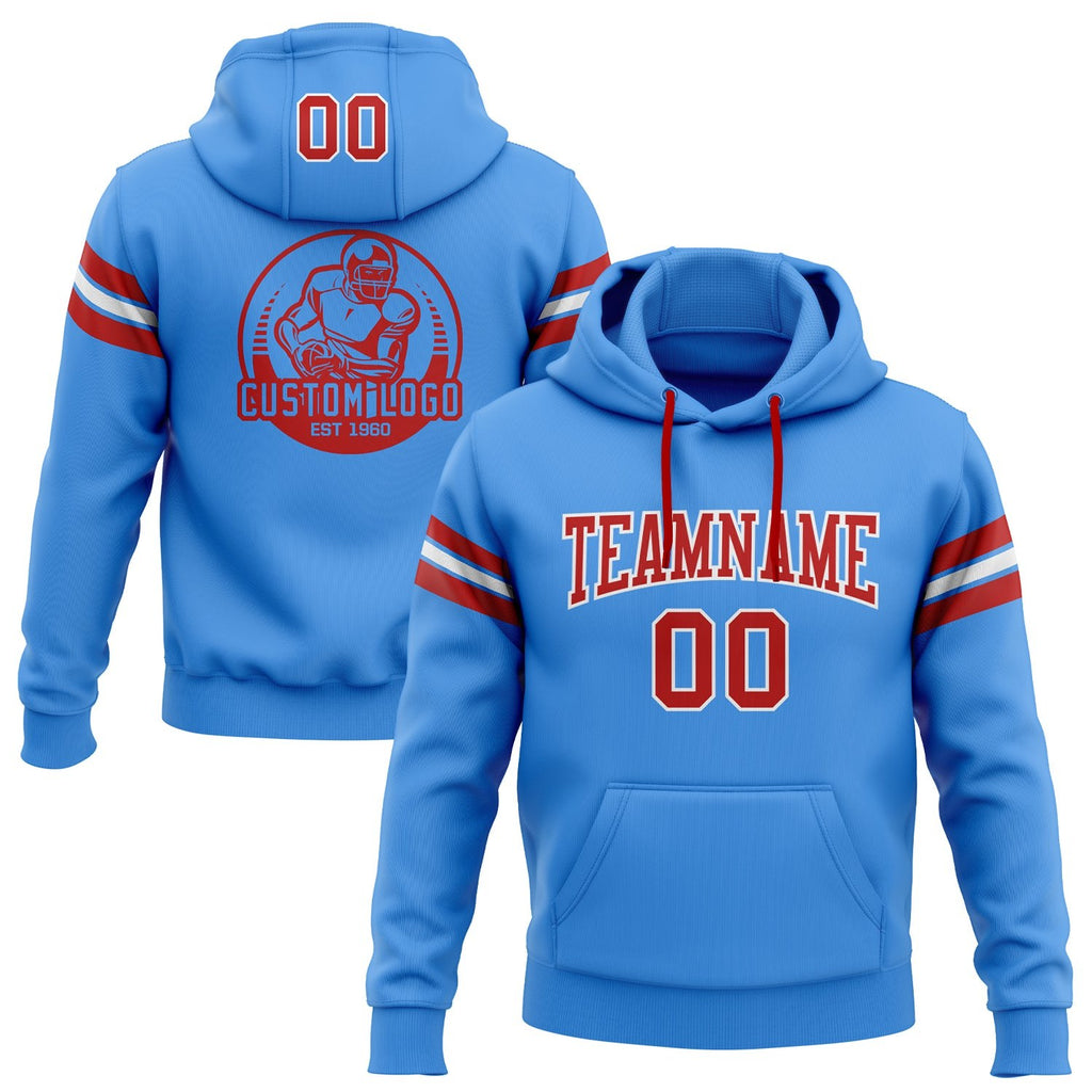 Custom Stitched Powder Blue Red-White Football Pullover Sweatshirt Hoodie photo 1