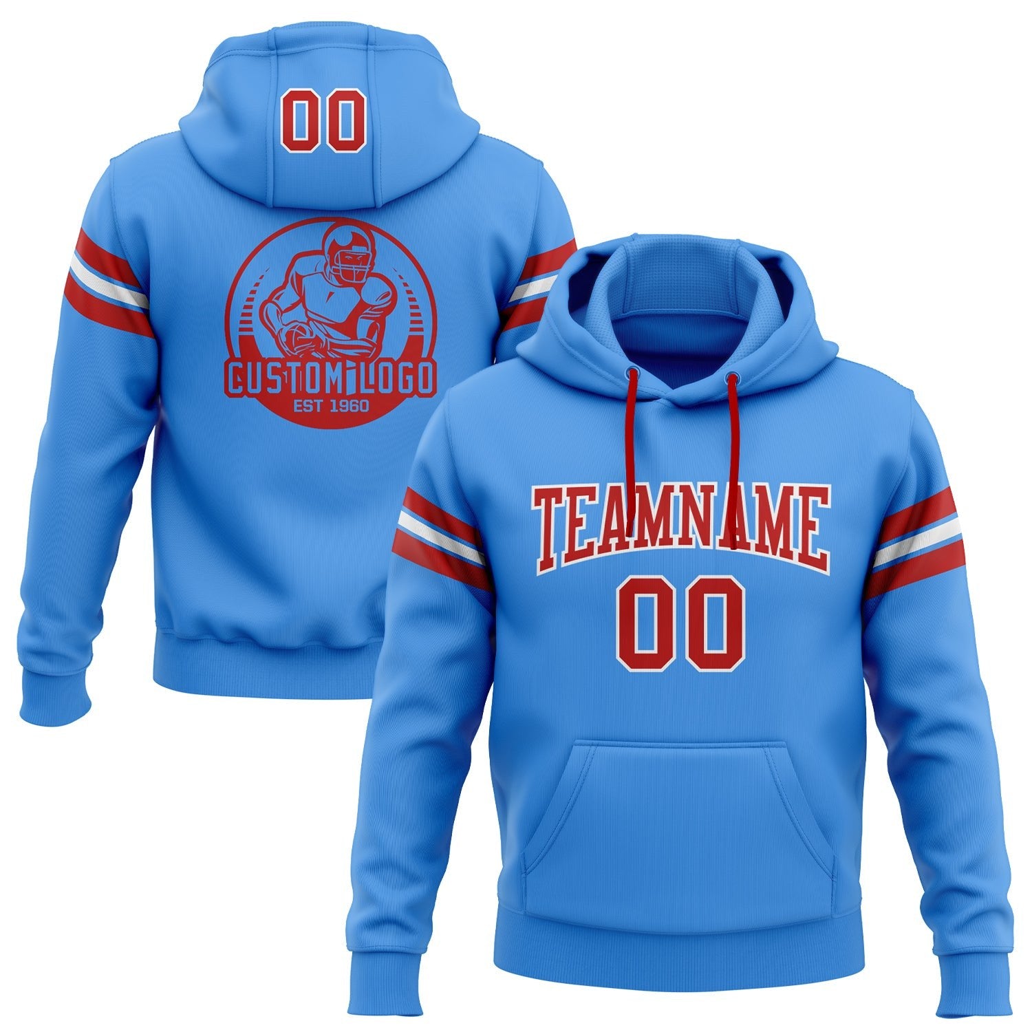 Custom Stitched Powder Blue Red-White Football Pullover Sweatshirt Hoodie photo 1