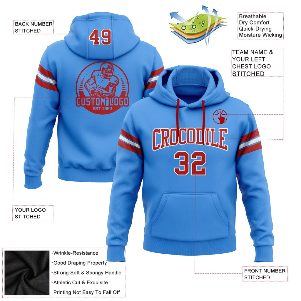 Custom Stitched Powder Blue Red-White Football Pullover Sweatshirt Hoodie photo 2