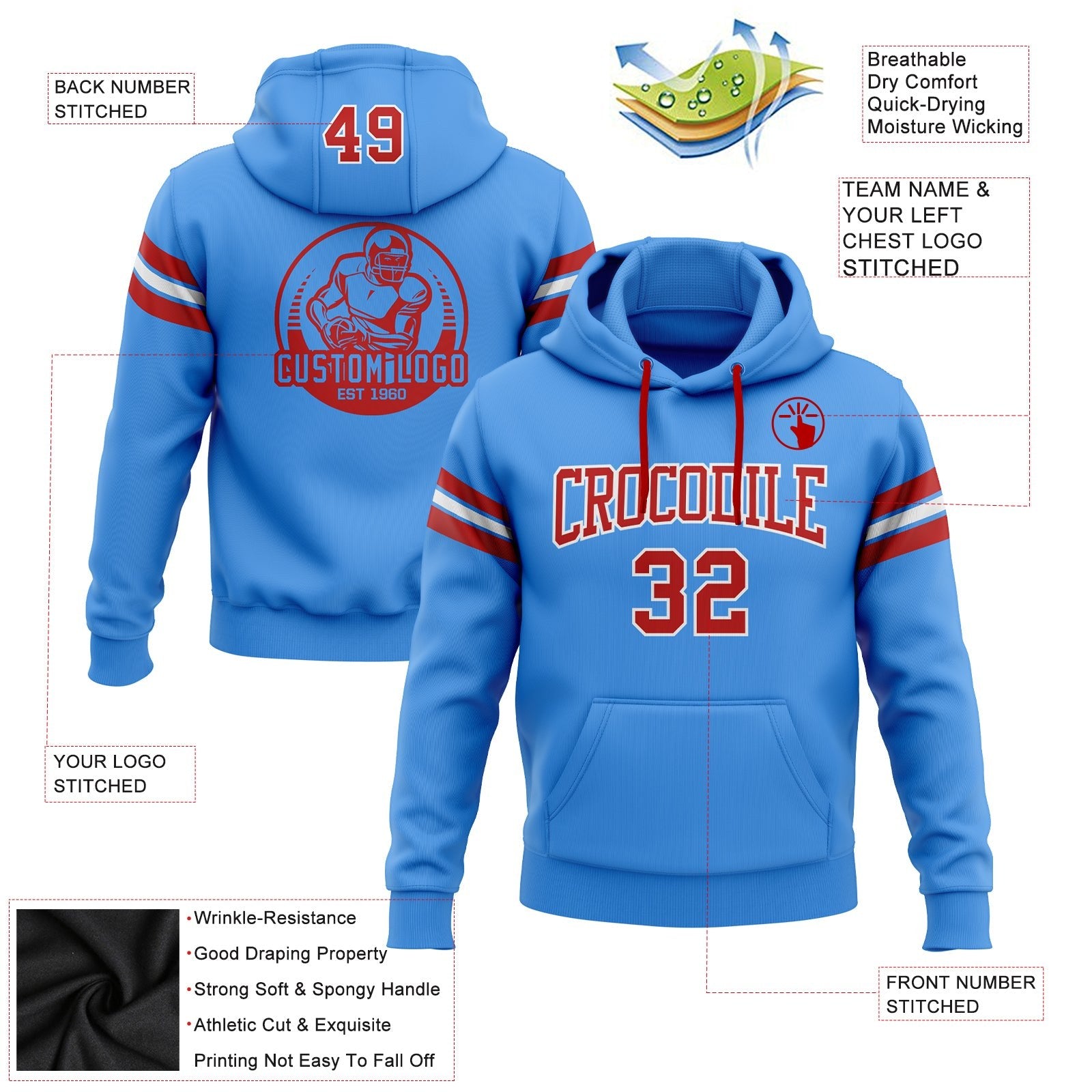 Custom Stitched Powder Blue Red-White Football Pullover Sweatshirt Hoodie photo 2