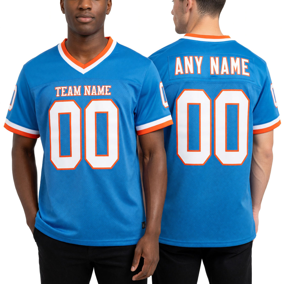Custom Powder Blue White-Orange Mesh Authentic Throwback Football Jersey worn front and back