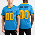 Custom Powder Blue Gold-Royal Mesh Authentic Throwback Football Jersey worn front and back