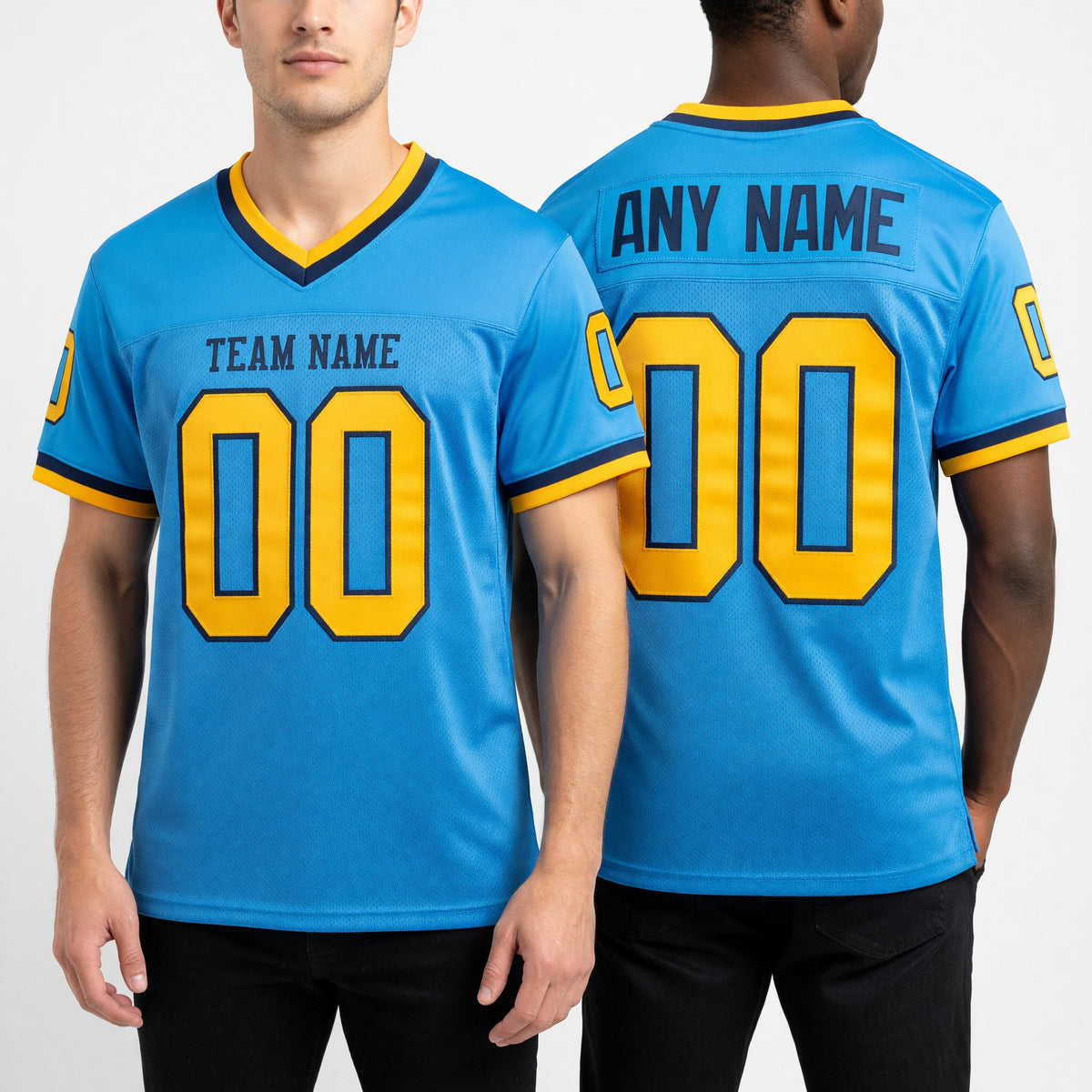 Custom Powder Blue Gold-Royal Mesh Authentic Throwback Football Jersey worn front and back