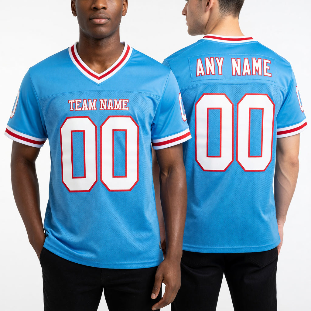 Custom Powder Blue White-Red Mesh Authentic Throwback Football Jersey worn front and back