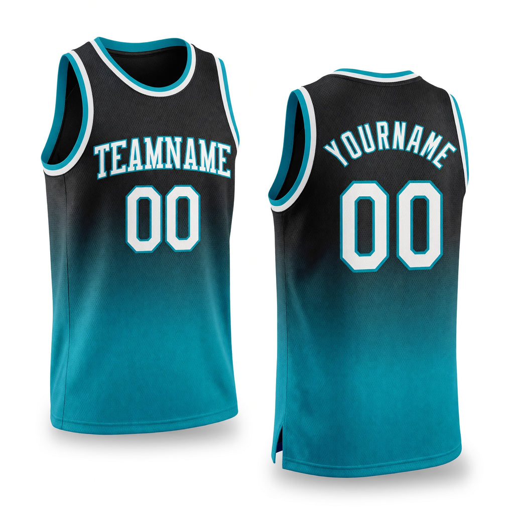 Custom Black White-Teal Authentic Fade Fashion Basketball Jersey