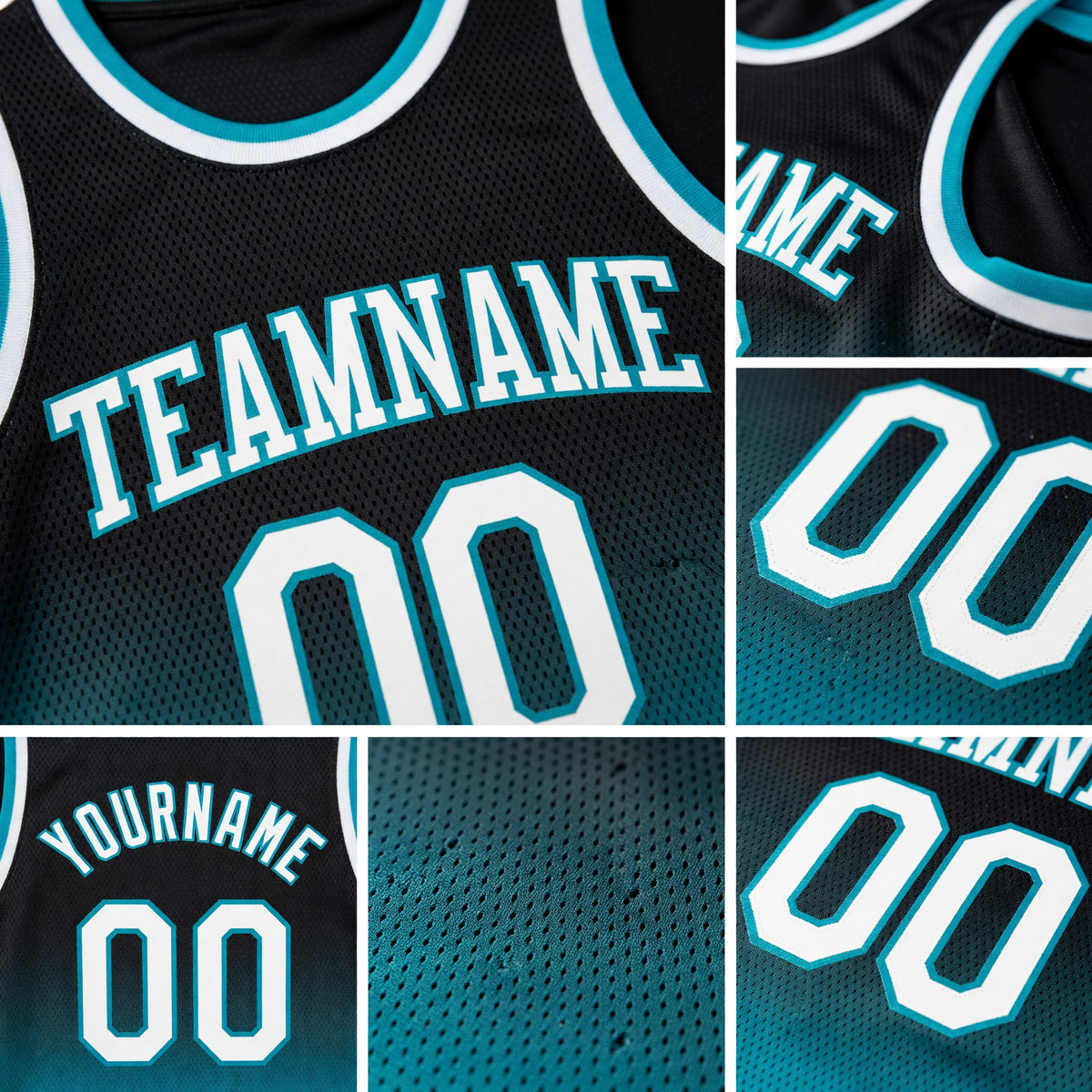 Custom Black White-Teal Authentic Fade Fashion Basketball Jersey detail