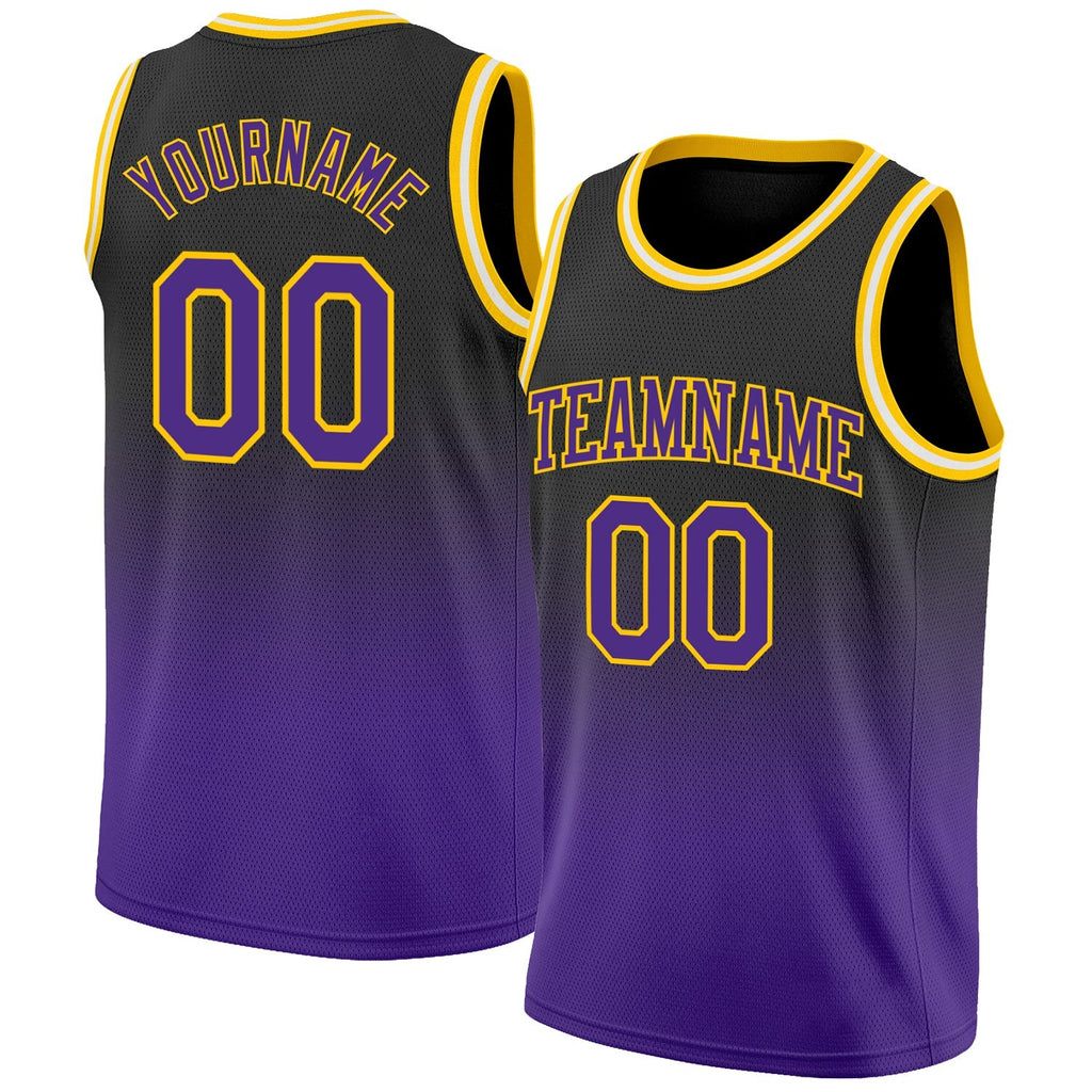 Custom Black Purple-Gold Authentic Fade Fashion Basketball Jersey photo 1
