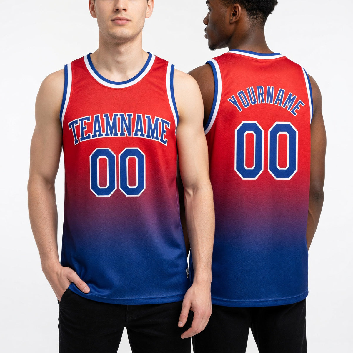 Custom Red Royal-White Authentic Fade Fashion Basketball Jersey worn front and back