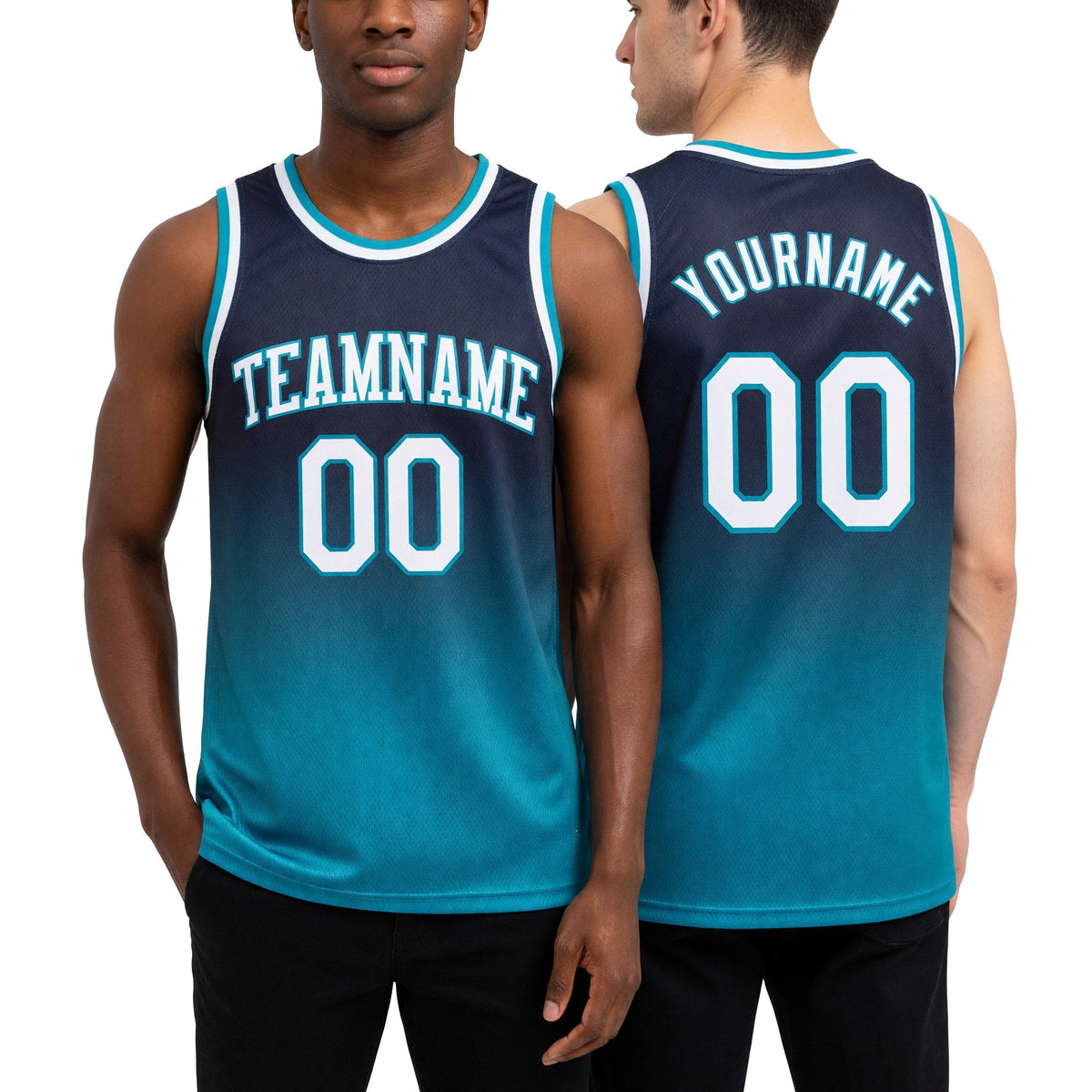 Custom Navy White-Teal Authentic Fade Fashion Basketball Jersey worn front and back