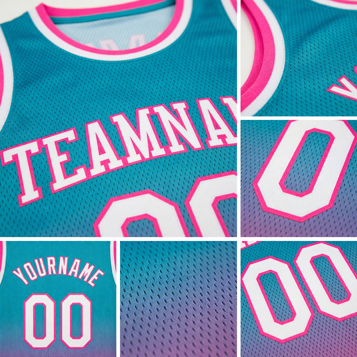 Custom Teal White-Pink Authentic Fade Fashion Basketball Jersey detail