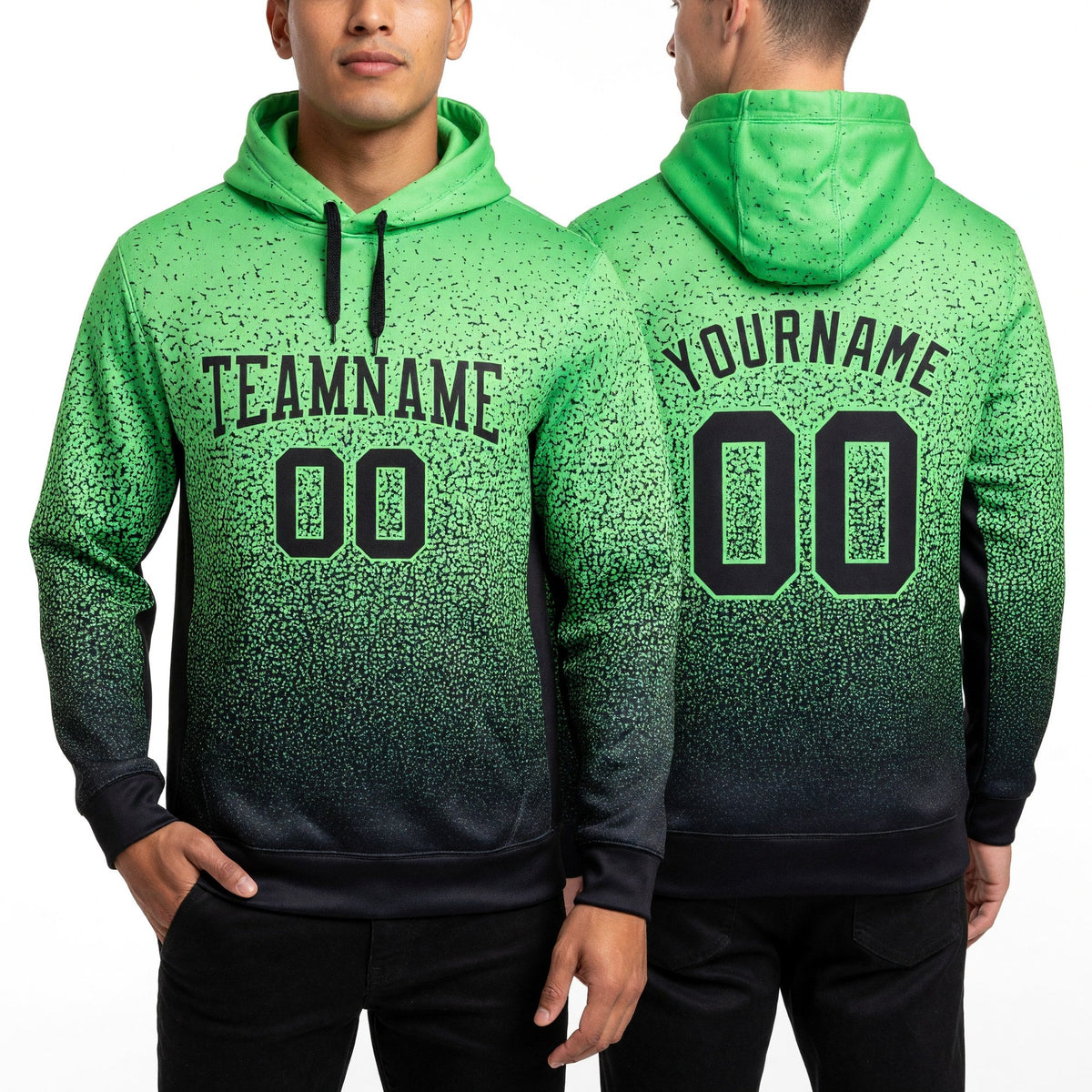 Custom Stitched Pea Green Black Fade Fashion Sports Pullover Sweatshirt Hoodie worn front and back