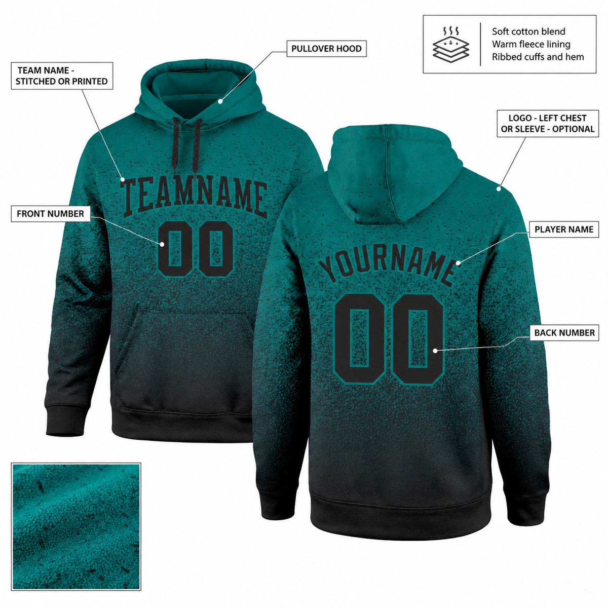 Custom Aqua Fade Pullover Hoodie with Black Lettering customization guide