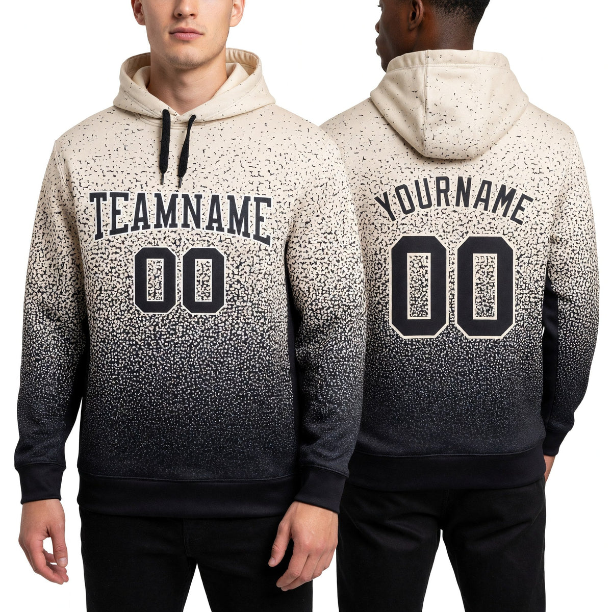 Custom Stitched Cream Black Fade Fashion Sports Pullover Sweatshirt Hoodie worn front and back