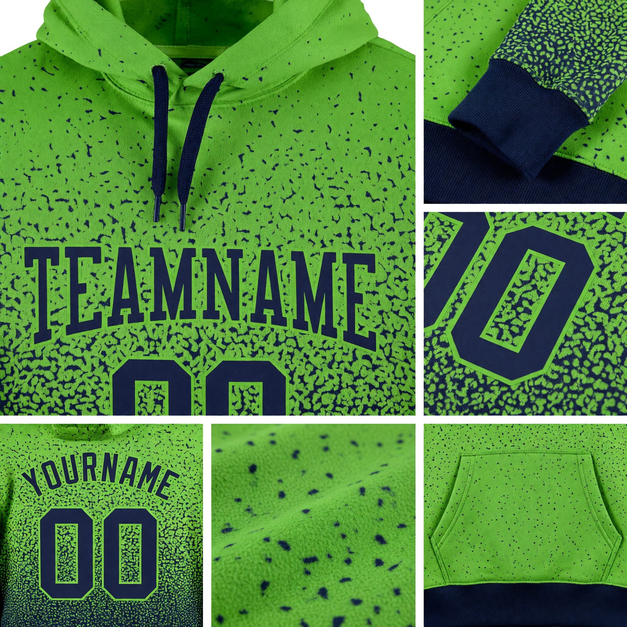Custom Stitched Neon Green Navy Fade Fashion Sports Pullover Sweatshirt Hoodie detail