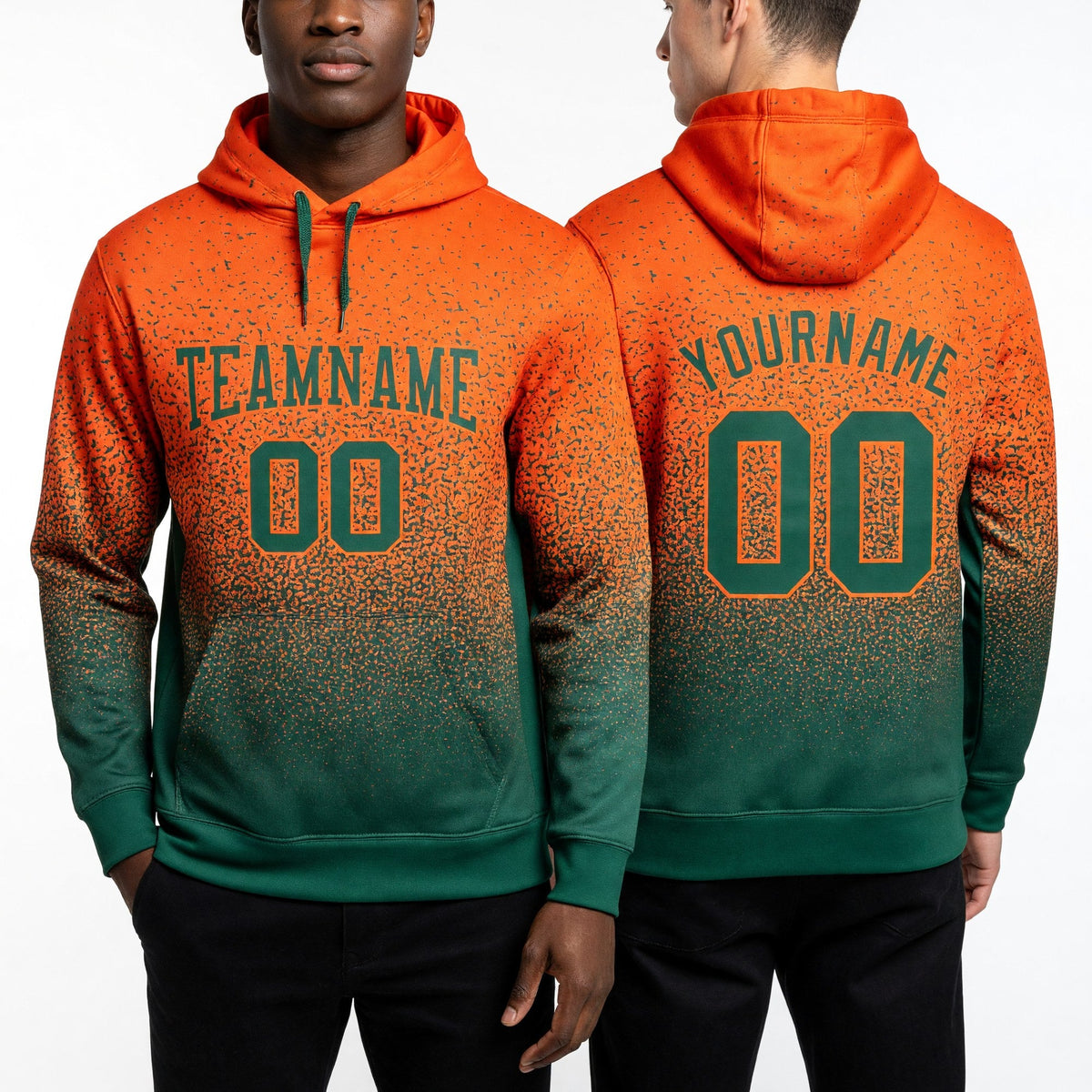 Custom Stitched Orange Kelly Green Fade Fashion Sports Pullover Sweatshirt Hoodie worn front and back