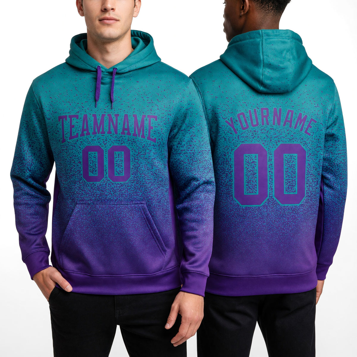Custom Stitched Aqua Purple Fade Fashion Sports Pullover Sweatshirt Hoodie worn front and back