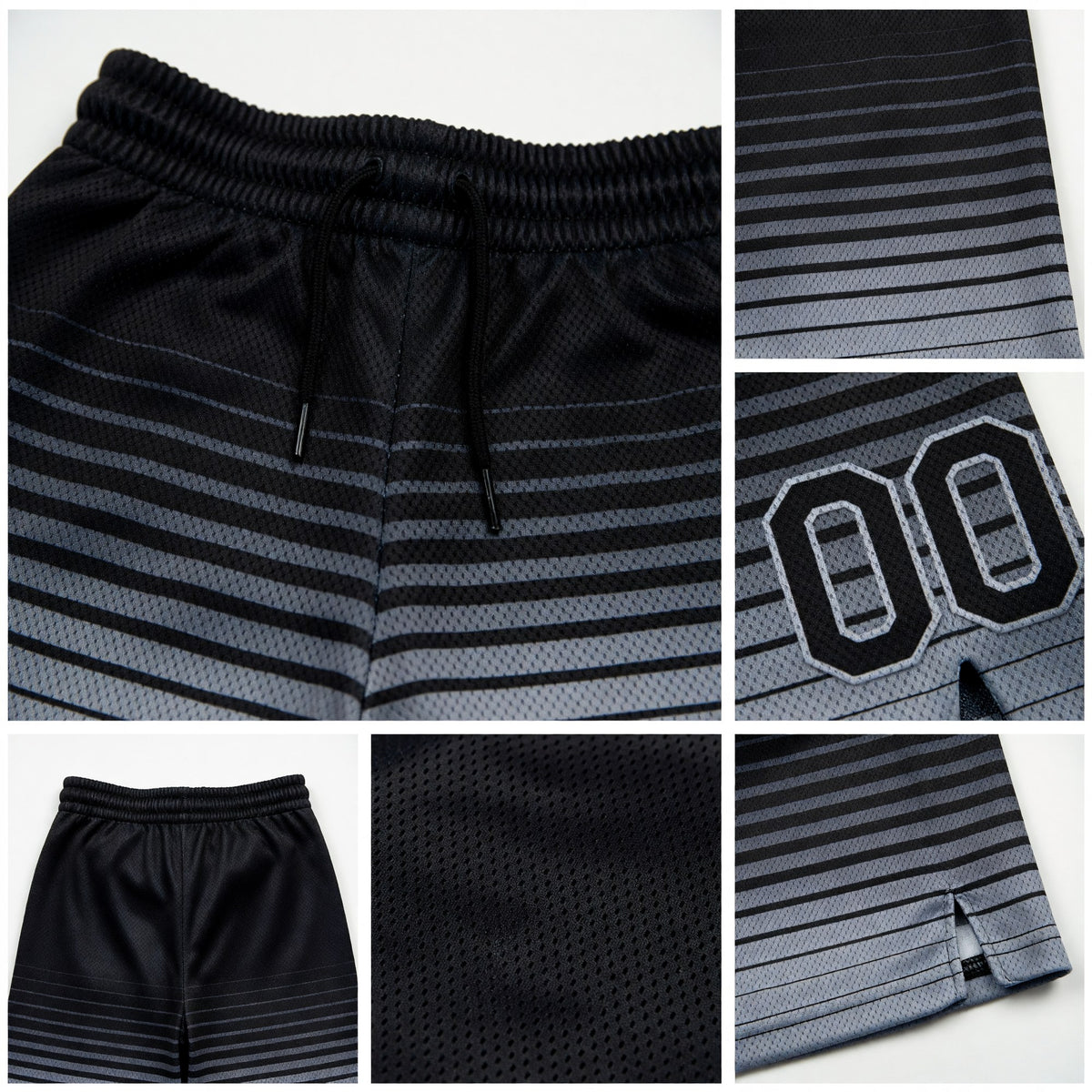 Custom Black Gray Pinstripe Fade Fashion Authentic Basketball Shorts detail