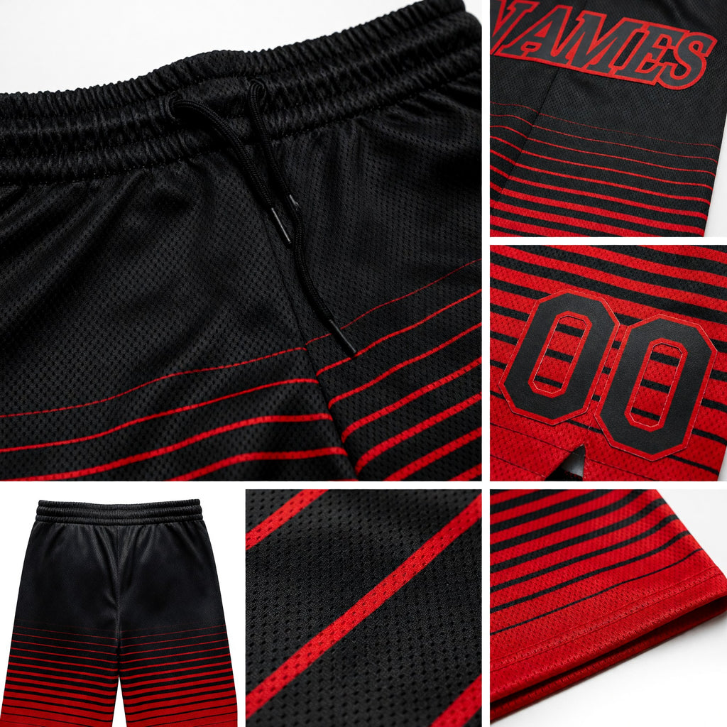Custom Black Red Pinstripe Fade Fashion Authentic Basketball Shorts detail