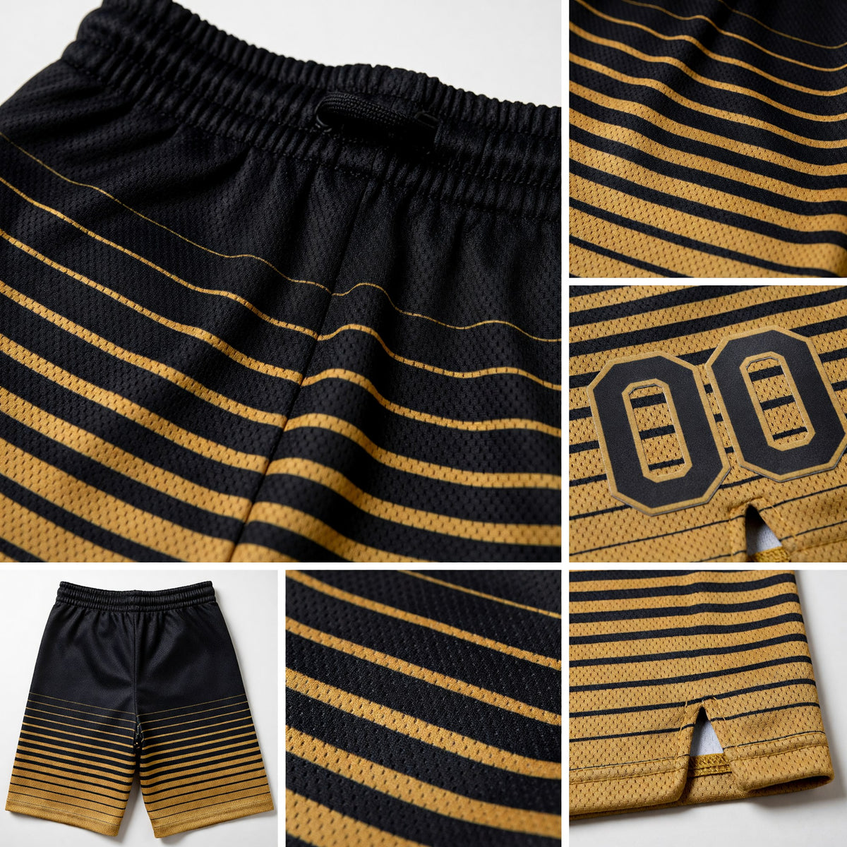 Custom Black Old Gold Pinstripe Fade Fashion Authentic Basketball Shorts detail