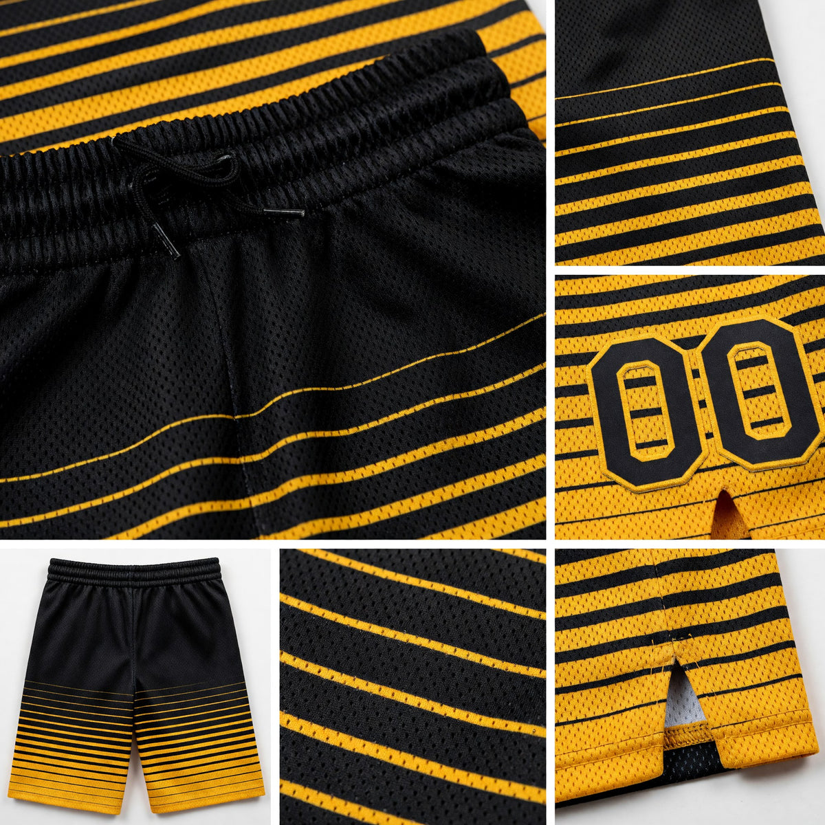 Custom Black Gold Pinstripe Fade Fashion Authentic Basketball Shorts detail