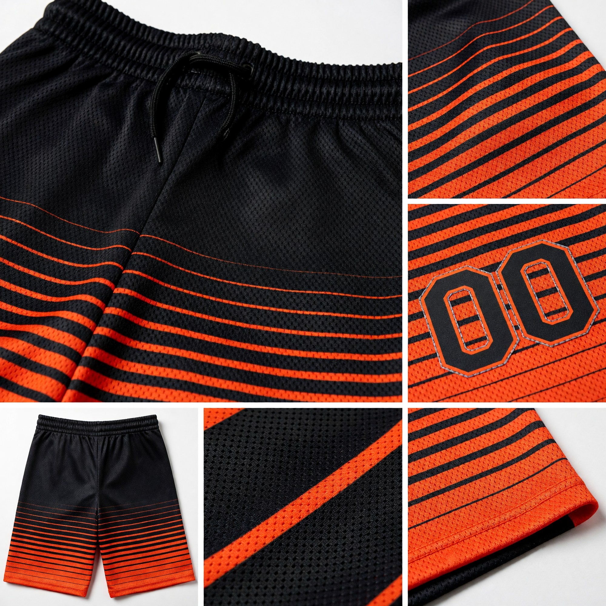 Custom Black Orange Pinstripe Fade Fashion Authentic Basketball Shorts detail