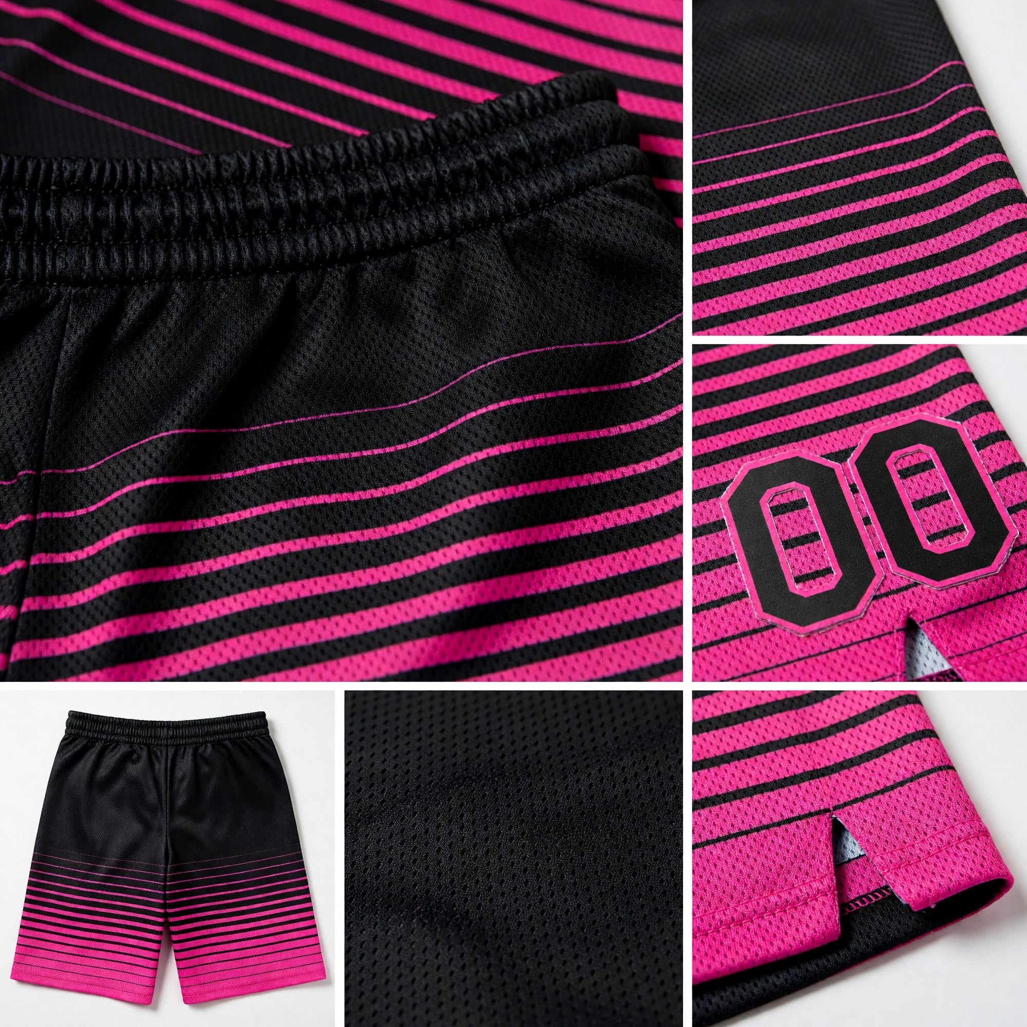Custom Black Pink Pinstripe Fade Fashion Authentic Basketball Shorts detail