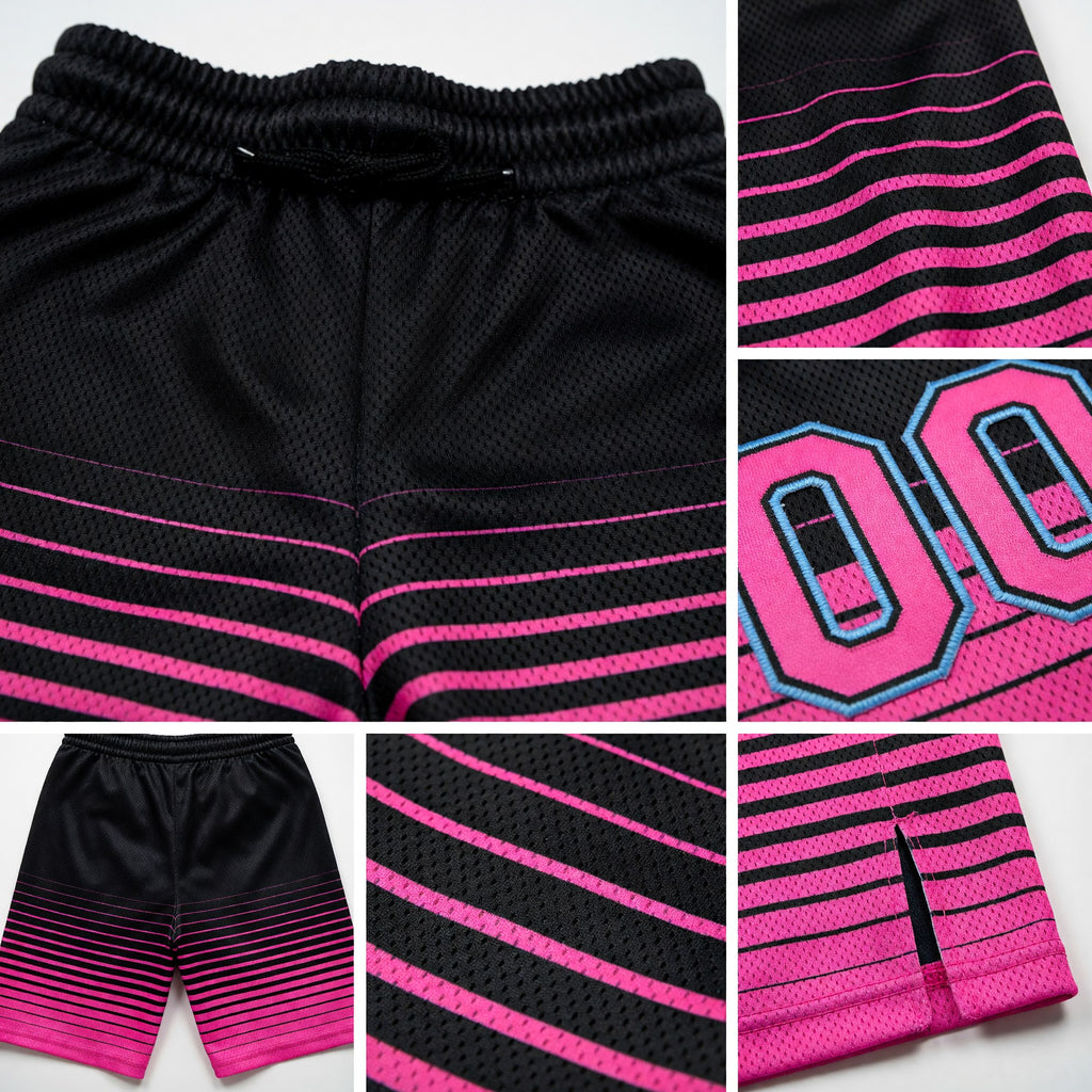Custom Black Pink-Light Blue Pinstripe Fade Fashion Authentic Basketball Shorts detail