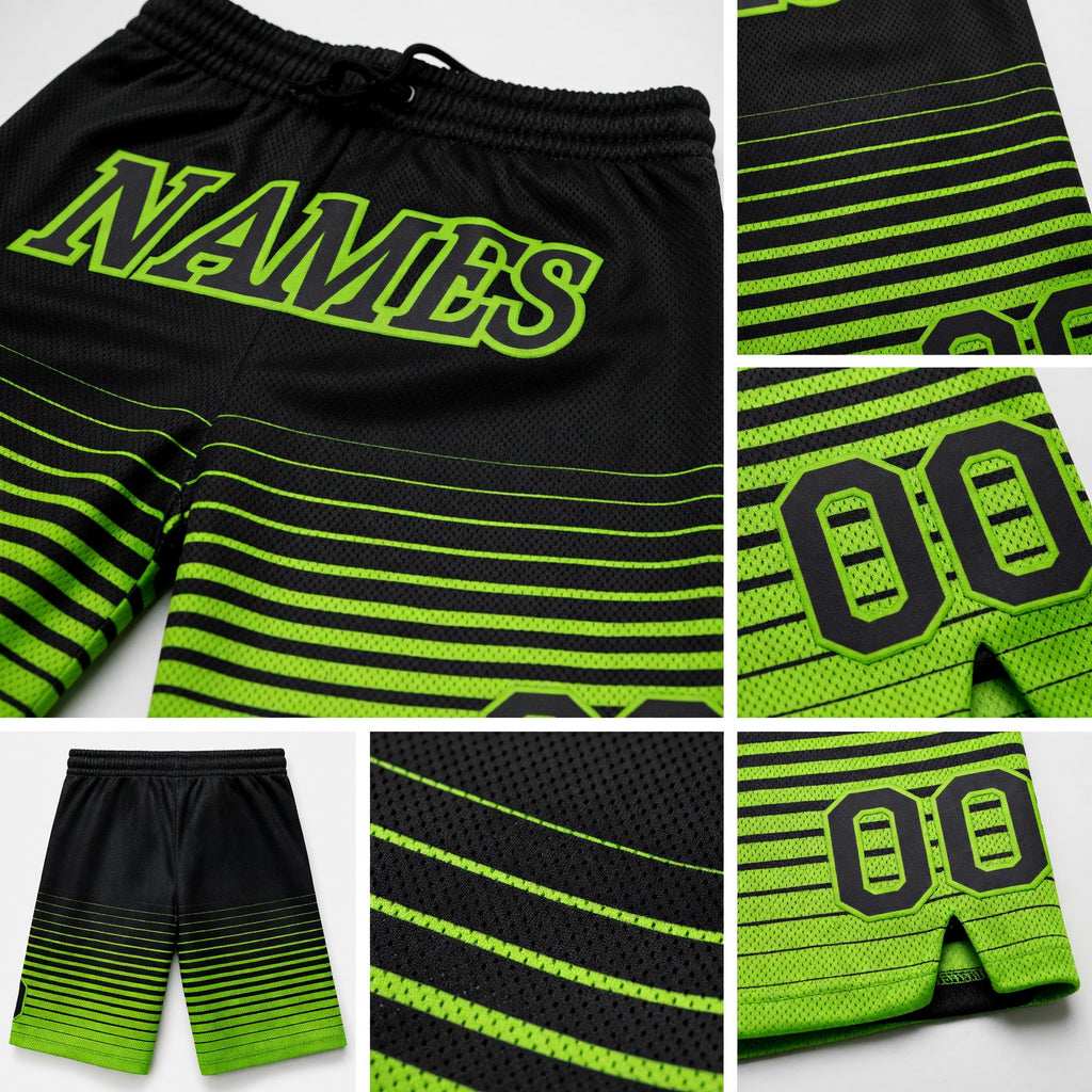 Custom Black Neon Green Pinstripe Fade Fashion Authentic Basketball Shorts detail