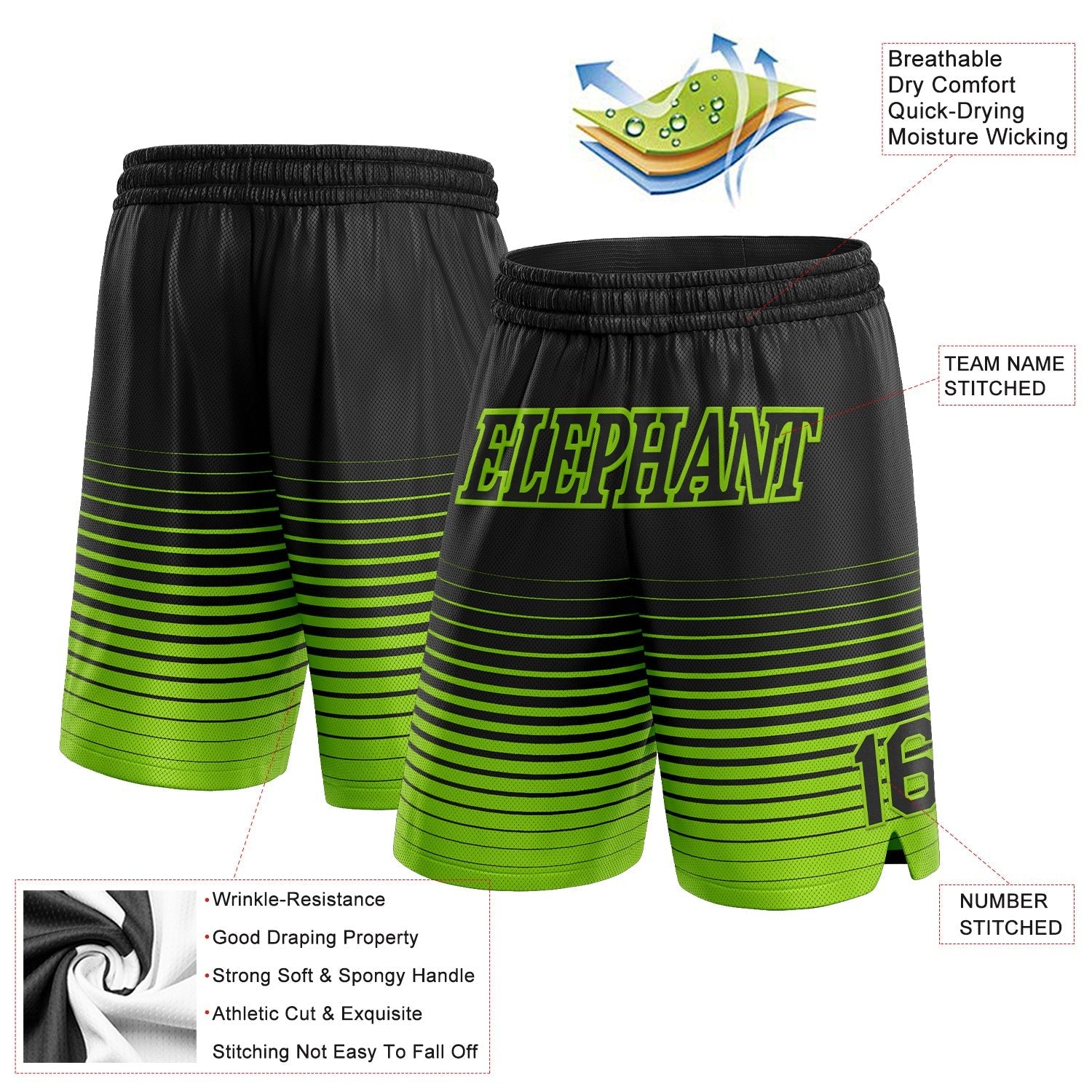 Custom Black Neon Green Pinstripe Fade Fashion Authentic Basketball Shorts photo 2