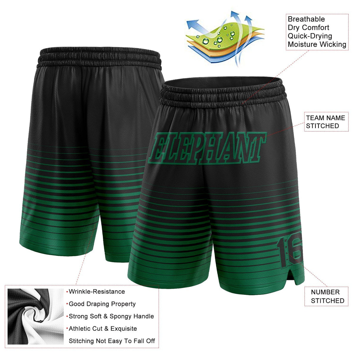 Custom Black Kelly Green Pinstripe Fade Fashion Authentic Basketball Shorts photo 2