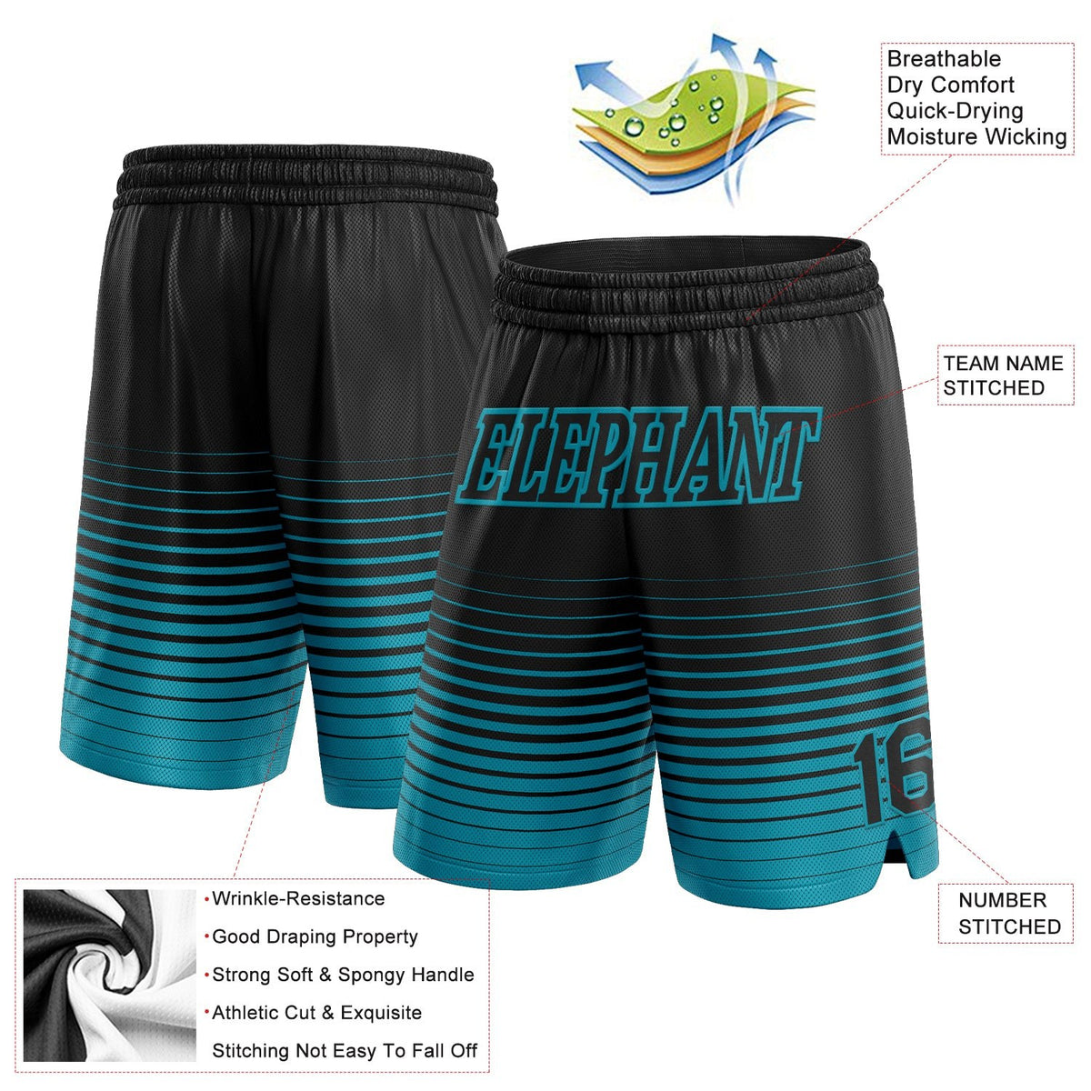Custom Black Teal Pinstripe Fade Fashion Authentic Basketball Shorts photo 2
