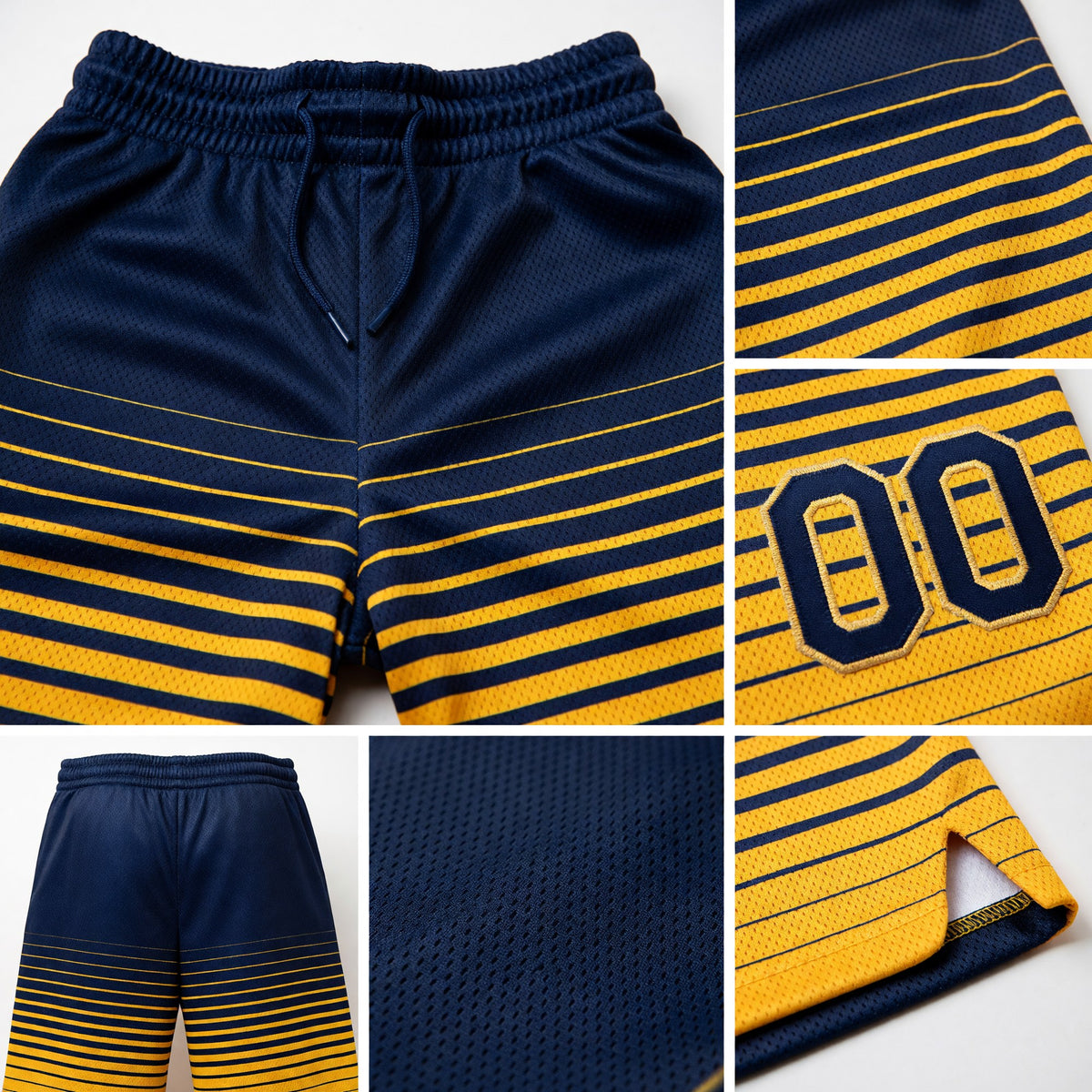 Custom Navy Gold Pinstripe Fade Fashion Authentic Basketball Shorts detail