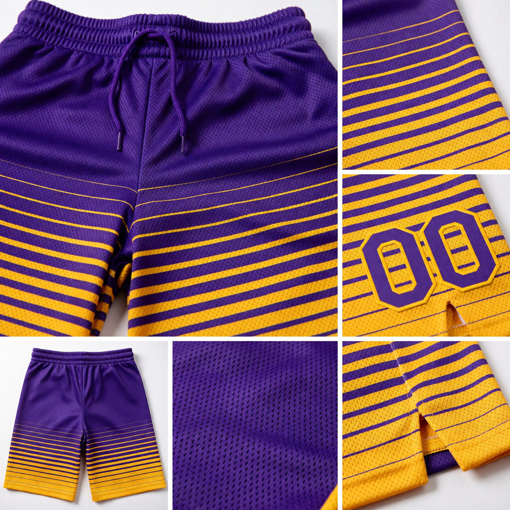 Custom Purple Gold Pinstripe Fade Fashion Authentic Basketball Shorts detail