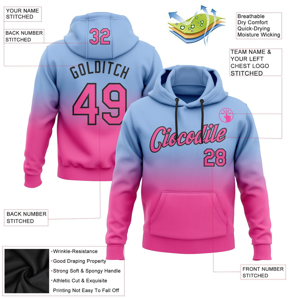 Custom Stitched Light Blue Pink-Black Fade Fashion Sports Pullover Sweatshirt Hoodie photo 2