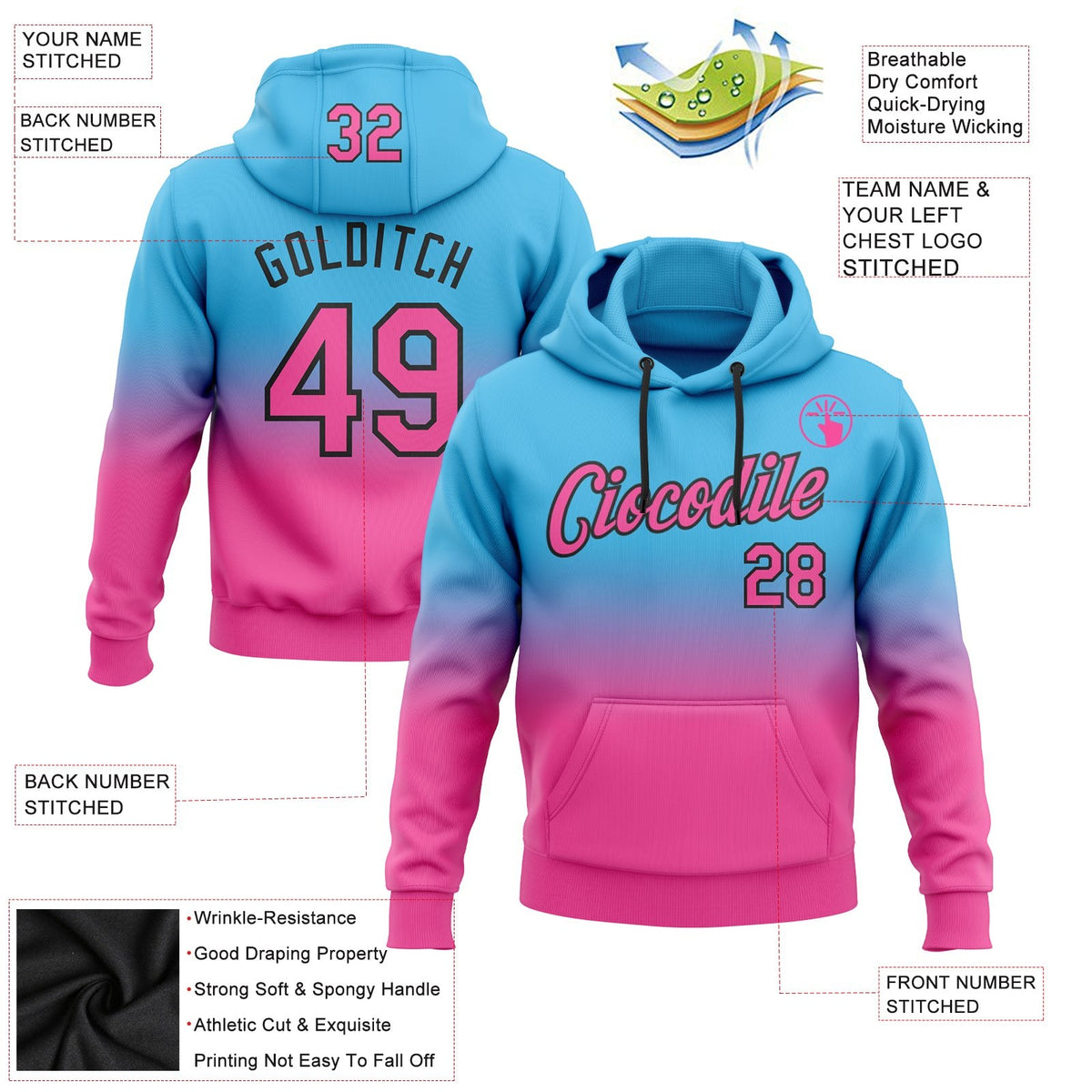 Custom Stitched Sky Blue Pink-Black Fade Fashion Sports Pullover Sweatshirt Hoodie photo 2