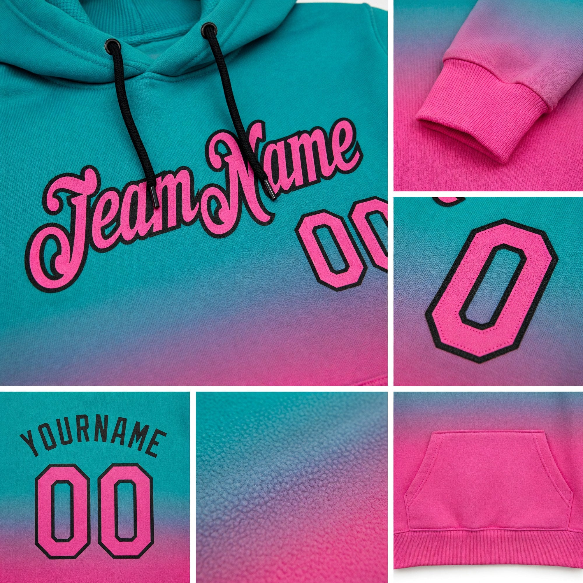 Custom Stitched Aqua Pink-Black Fade Fashion Sports Pullover Sweatshirt Hoodie detail