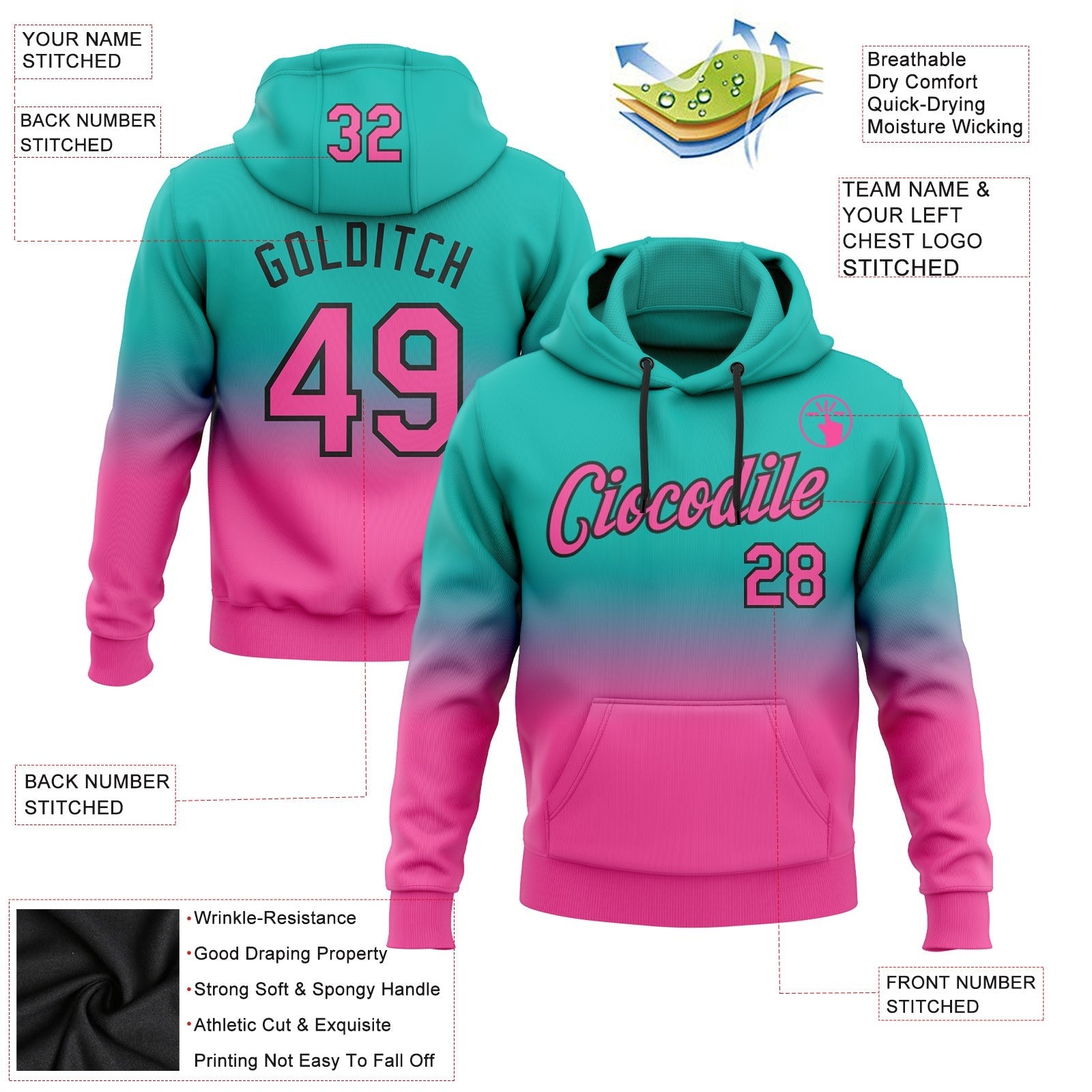 Custom Stitched Aqua Pink-Black Fade Fashion Sports Pullover Sweatshirt Hoodie photo 2