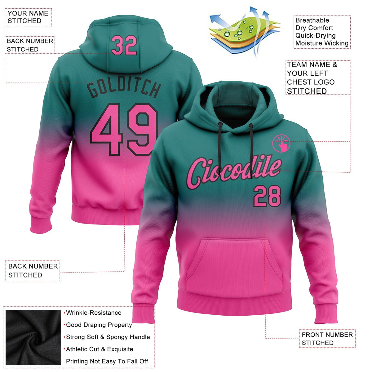 Custom Stitched Teal Pink-Black Fade Fashion Sports Pullover Sweatshirt Hoodie photo 2