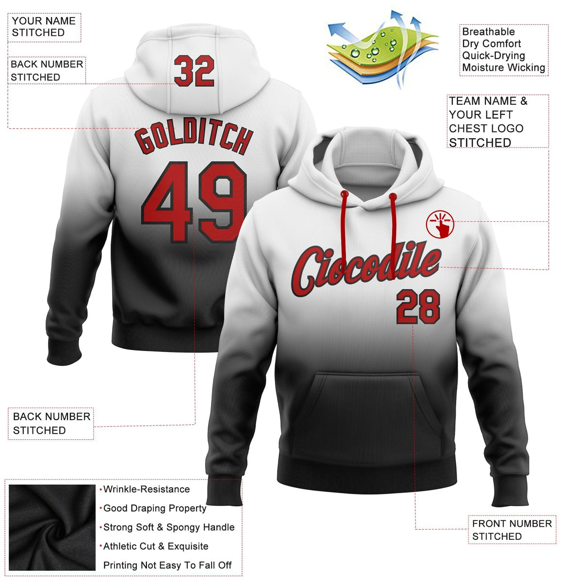 Custom Stitched White Red-Black Fade Fashion Sports Pullover Sweatshirt Hoodie photo 2