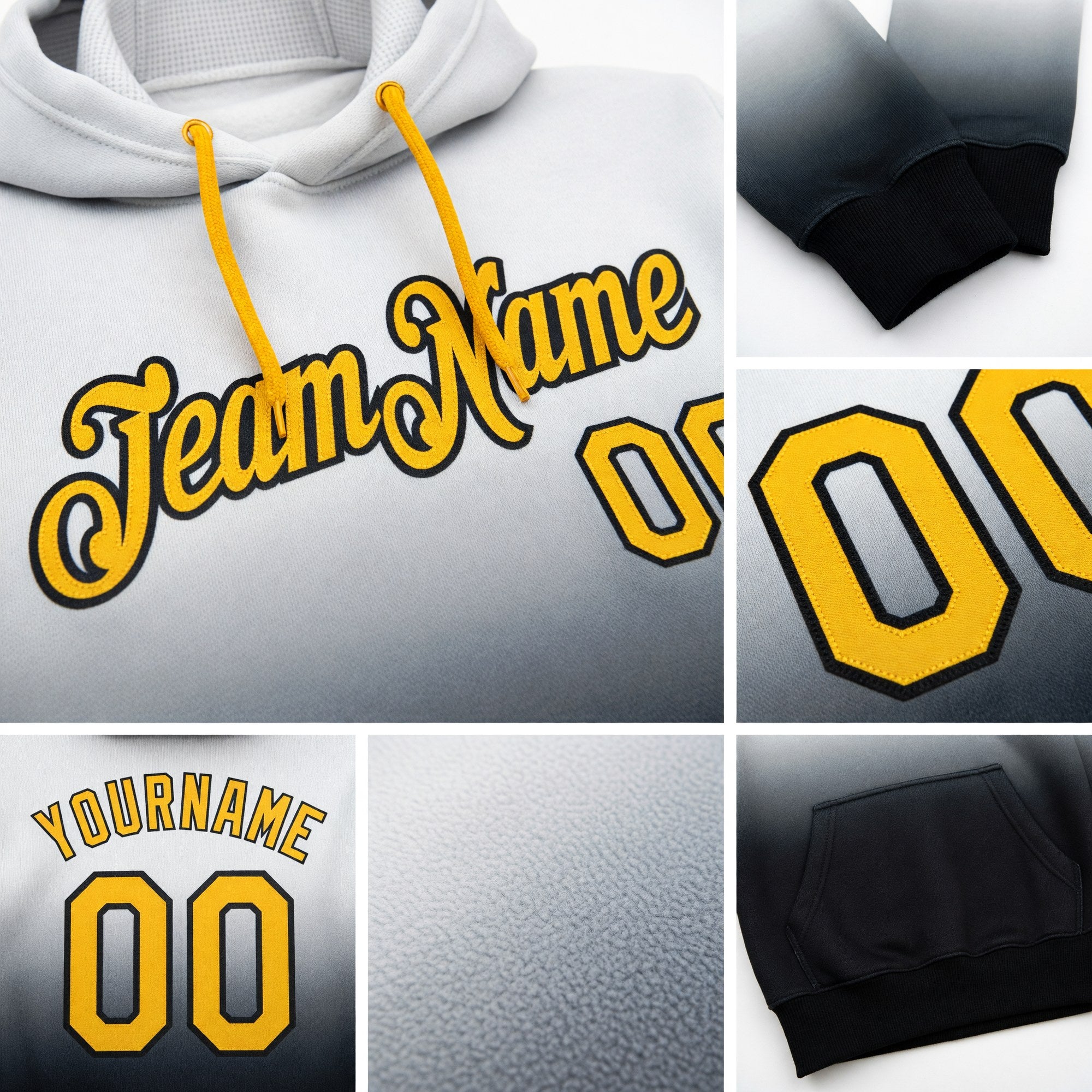 Custom Stitched White Gold-Black Fade Fashion Sports Pullover Sweatshirt Hoodie detail