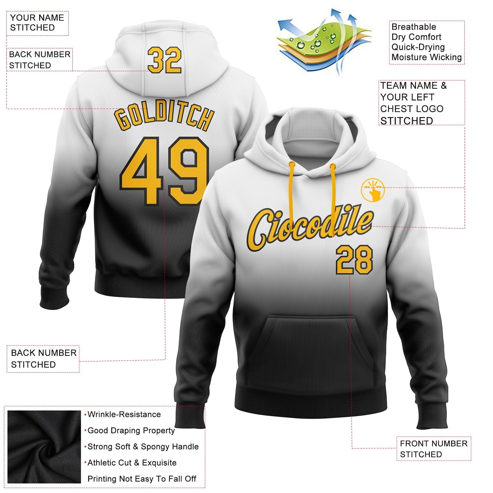 Custom Stitched White Gold-Black Fade Fashion Sports Pullover Sweatshirt Hoodie photo 2