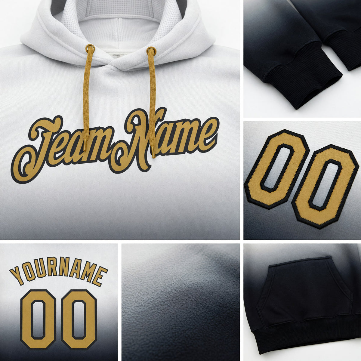 Custom Stitched White Old Gold-Black Fade Fashion Sports Pullover Sweatshirt Hoodie detail