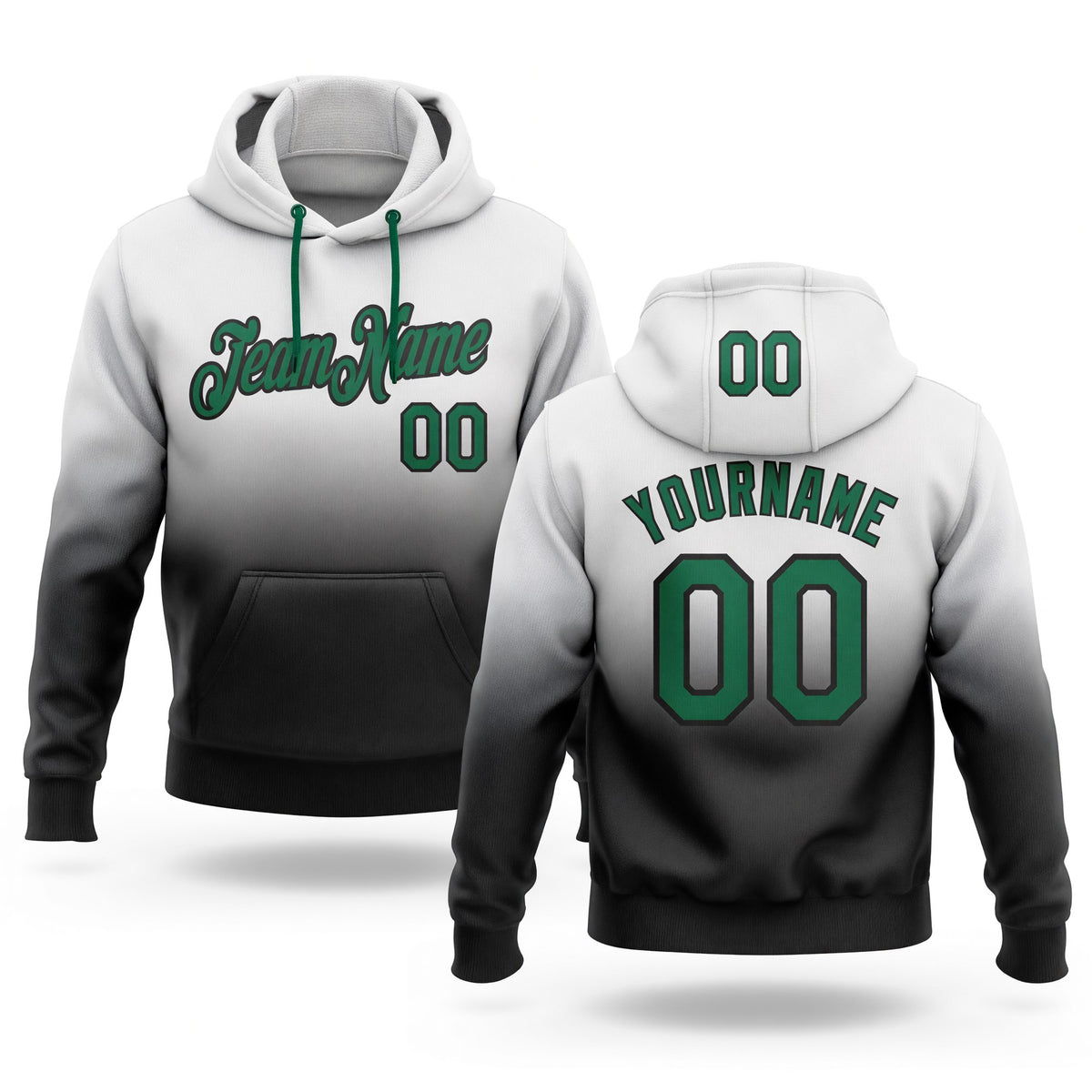 Custom Stitched White Kelly Green-Black Fade Fashion Sports Pullover Sweatshirt Hoodie