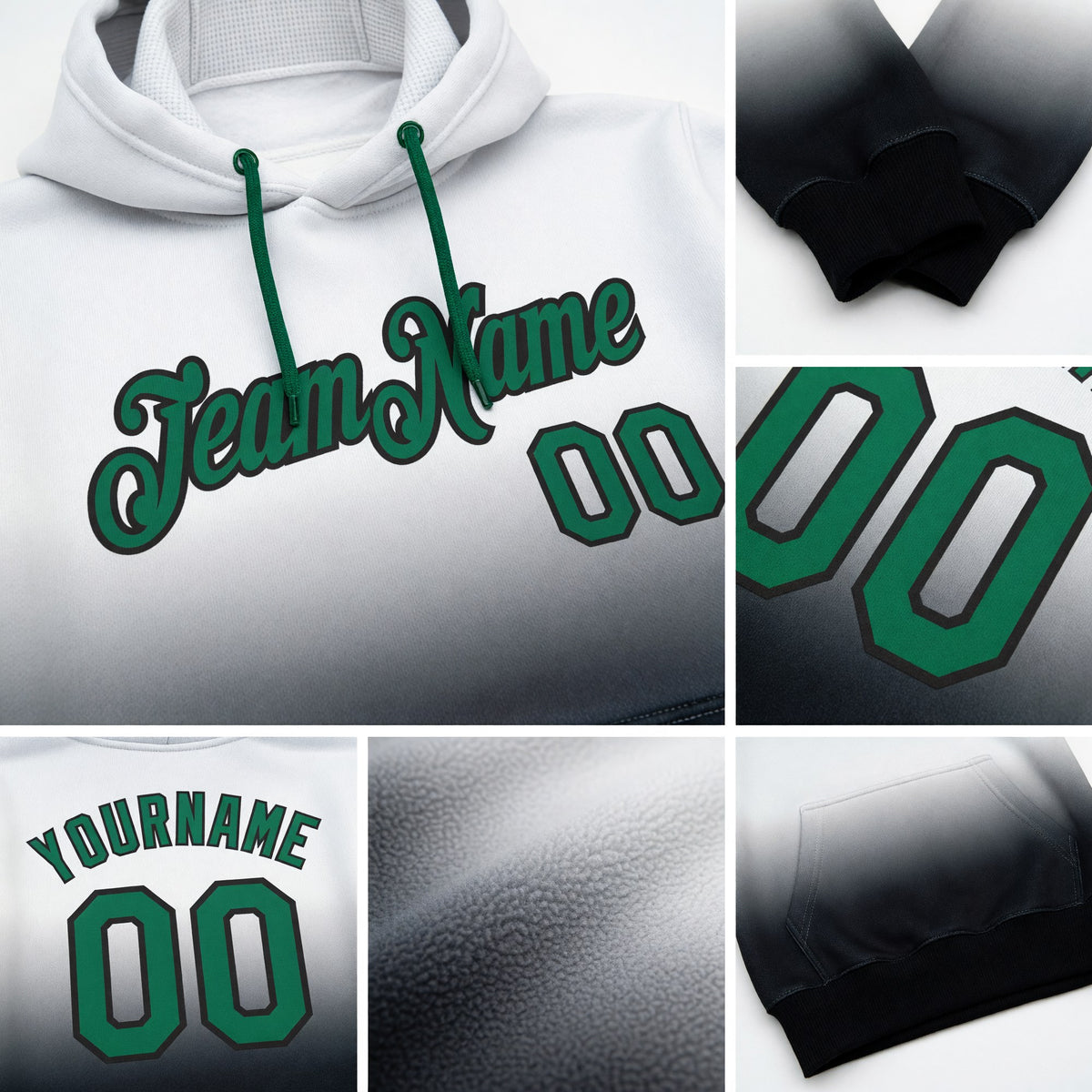 Custom Stitched White Kelly Green-Black Fade Fashion Sports Pullover Sweatshirt Hoodie detail