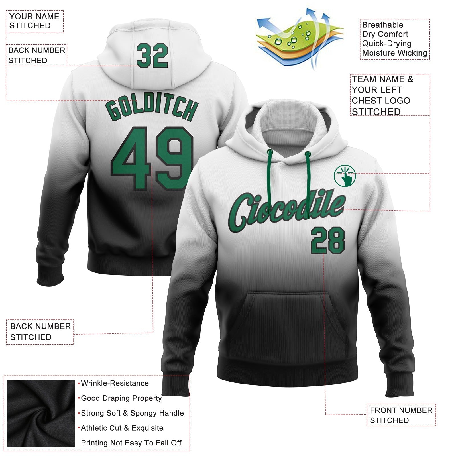 Custom Stitched White Kelly Green-Black Fade Fashion Sports Pullover Sweatshirt Hoodie photo 2