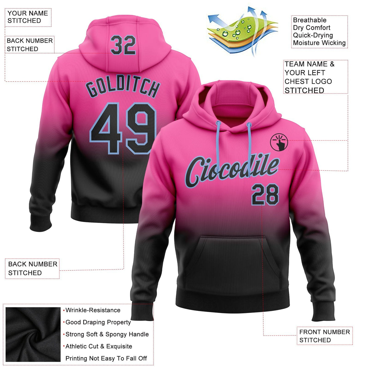 Custom Stitched Pink Black-Light Blue Fade Fashion Sports Pullover Sweatshirt Hoodie photo 2