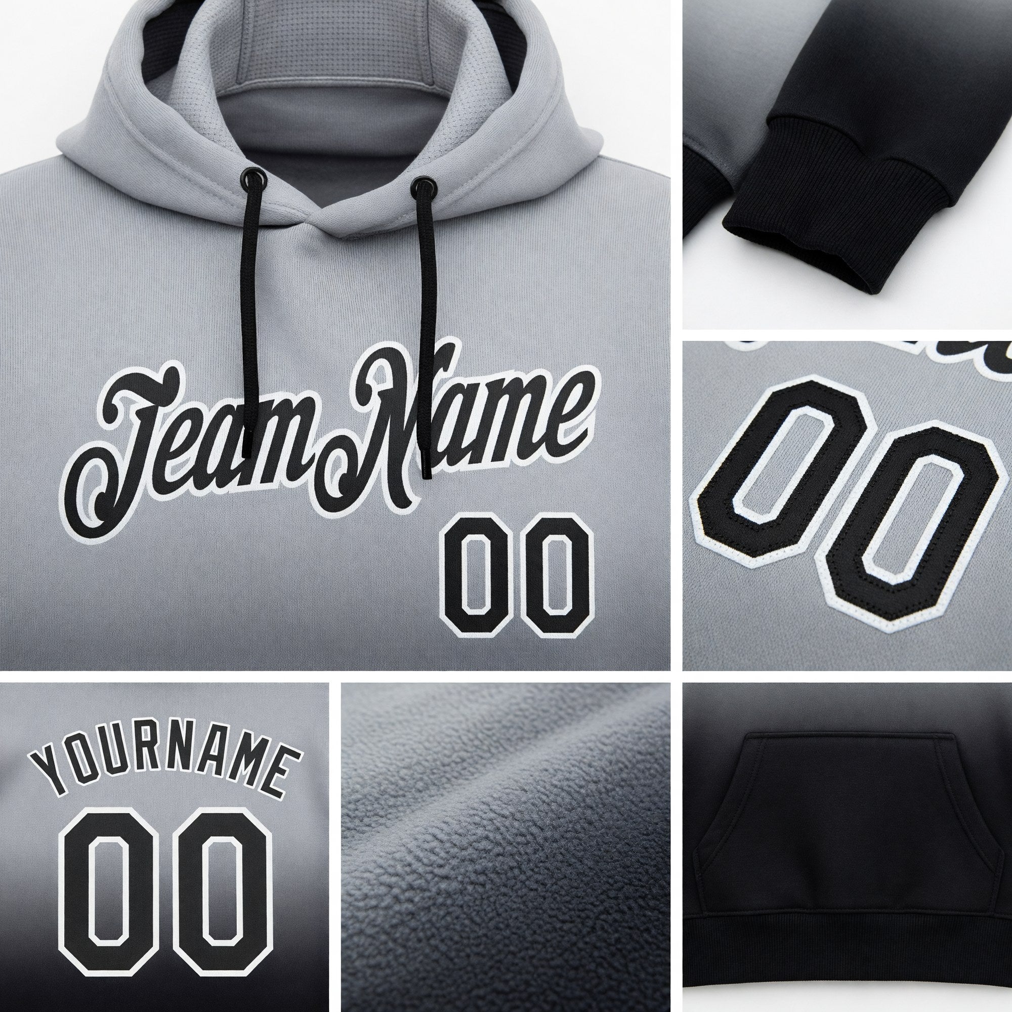 Custom Stitched Gray Black-White Fade Fashion Sports Pullover Sweatshirt Hoodie detail