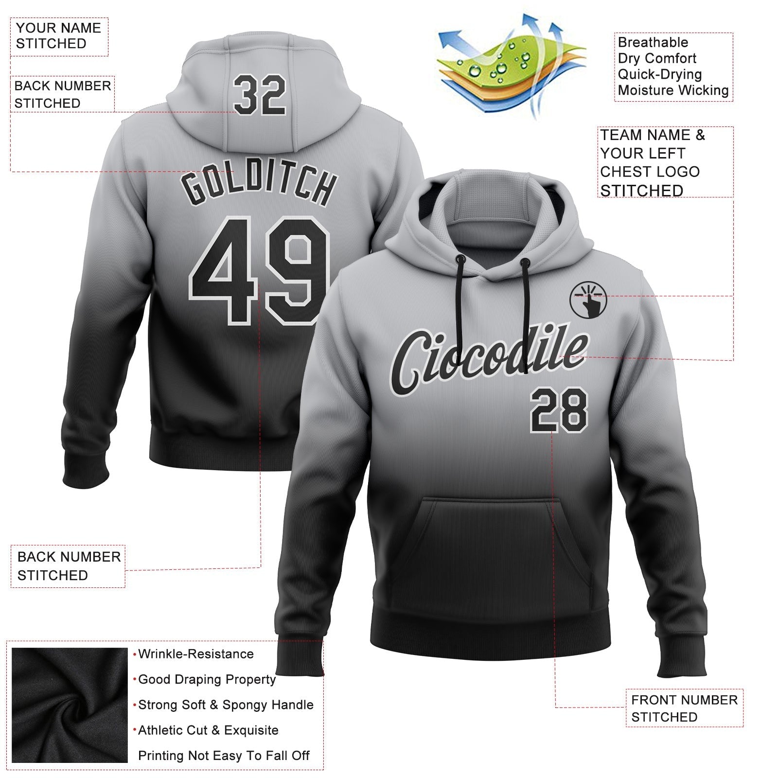 Custom Stitched Gray Black-White Fade Fashion Sports Pullover Sweatshirt Hoodie photo 2