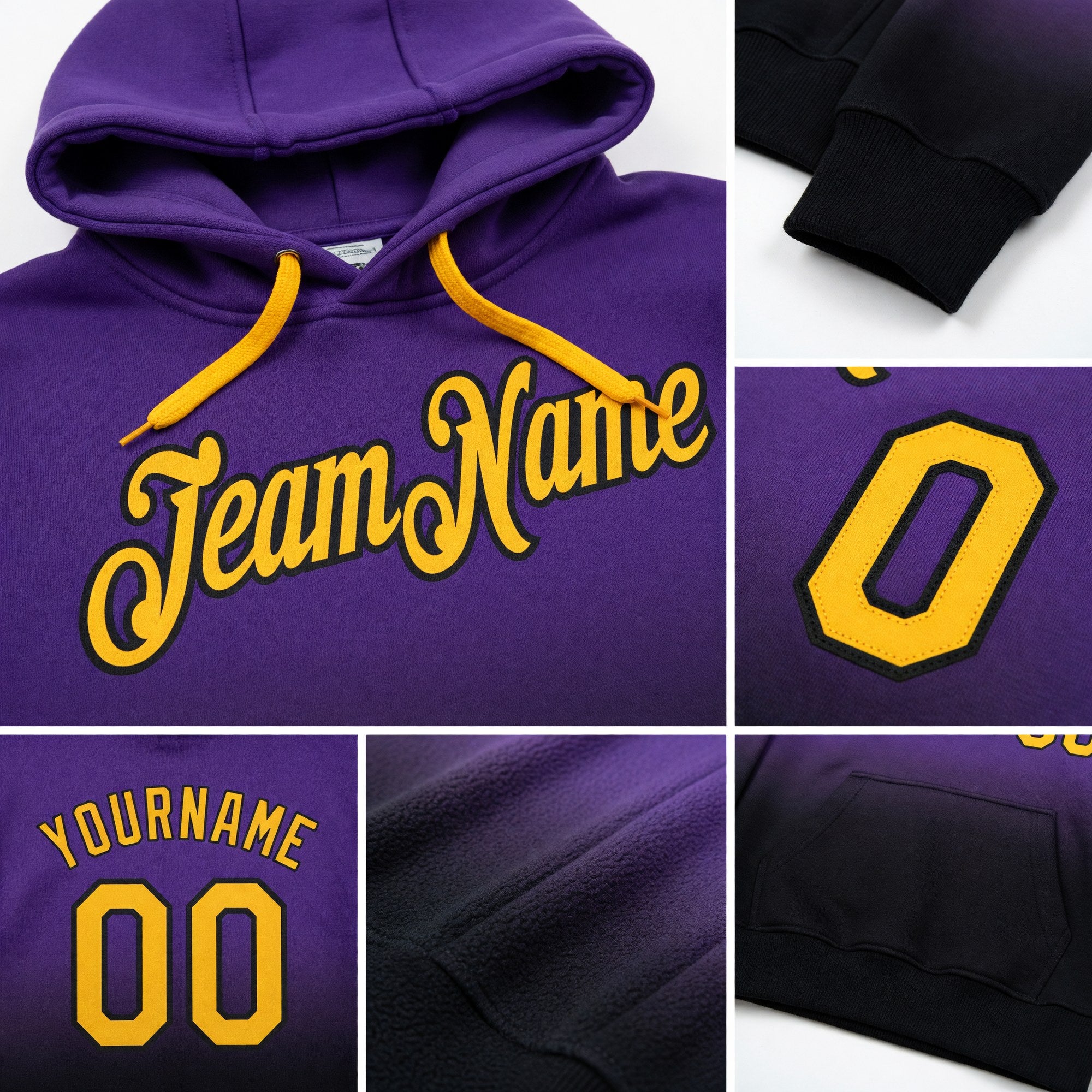Custom Stitched Purple Gold-Black Fade Fashion Sports Pullover Sweatshirt Hoodie detail